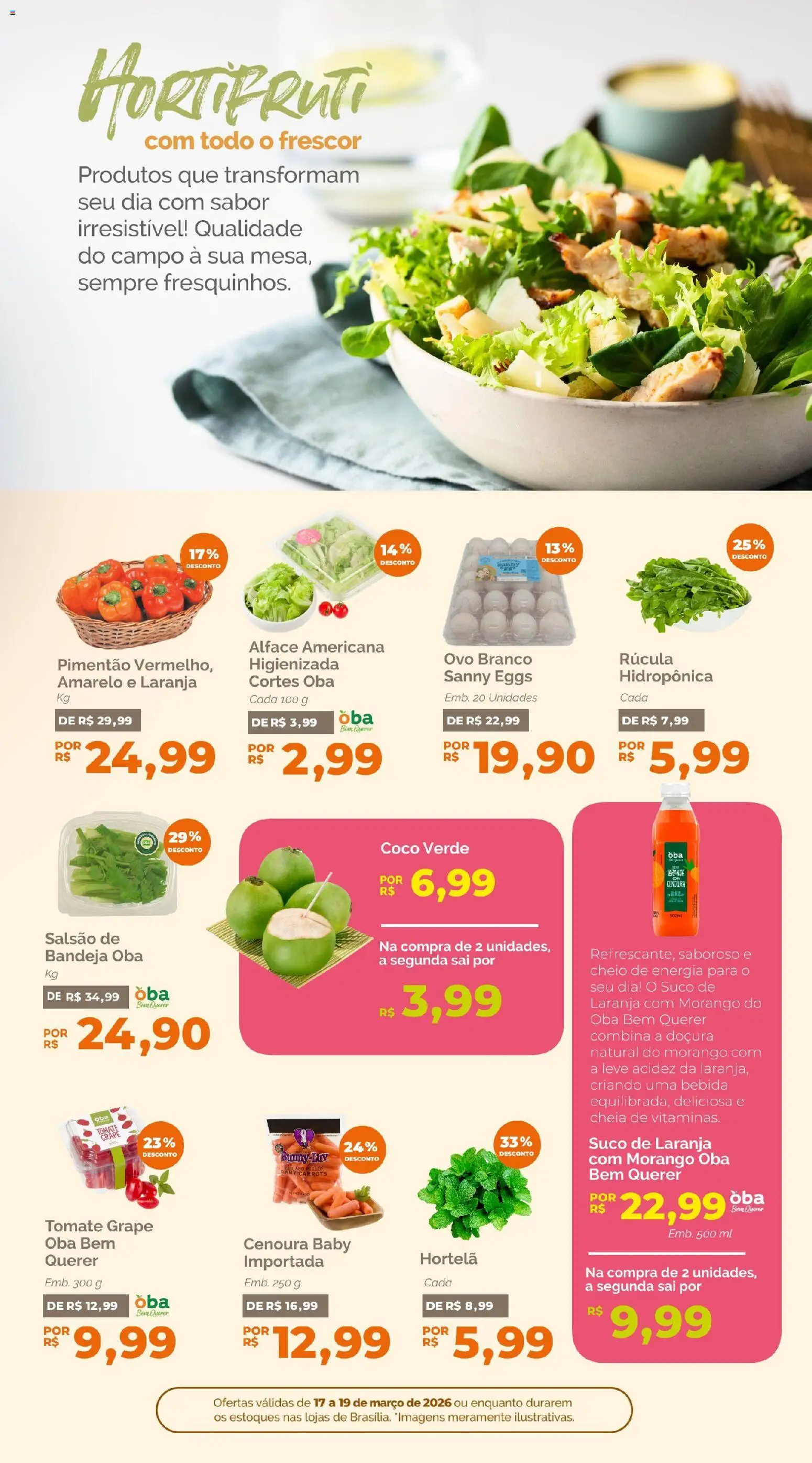 Oba Hortifruti Folheto - válido de 17.03.2026 | Página: 5 | Produtos: Rúcula, Bebida, Bandeja, Alface