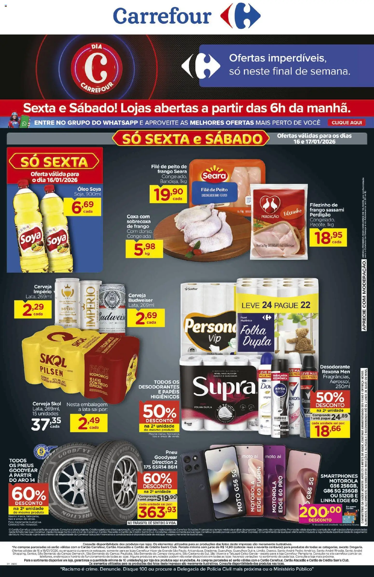 Carrefour Folheto - válido de 16.01.2026 | Página: 1 | Produtos: Cerveja, Pneus, Rexona, Frango