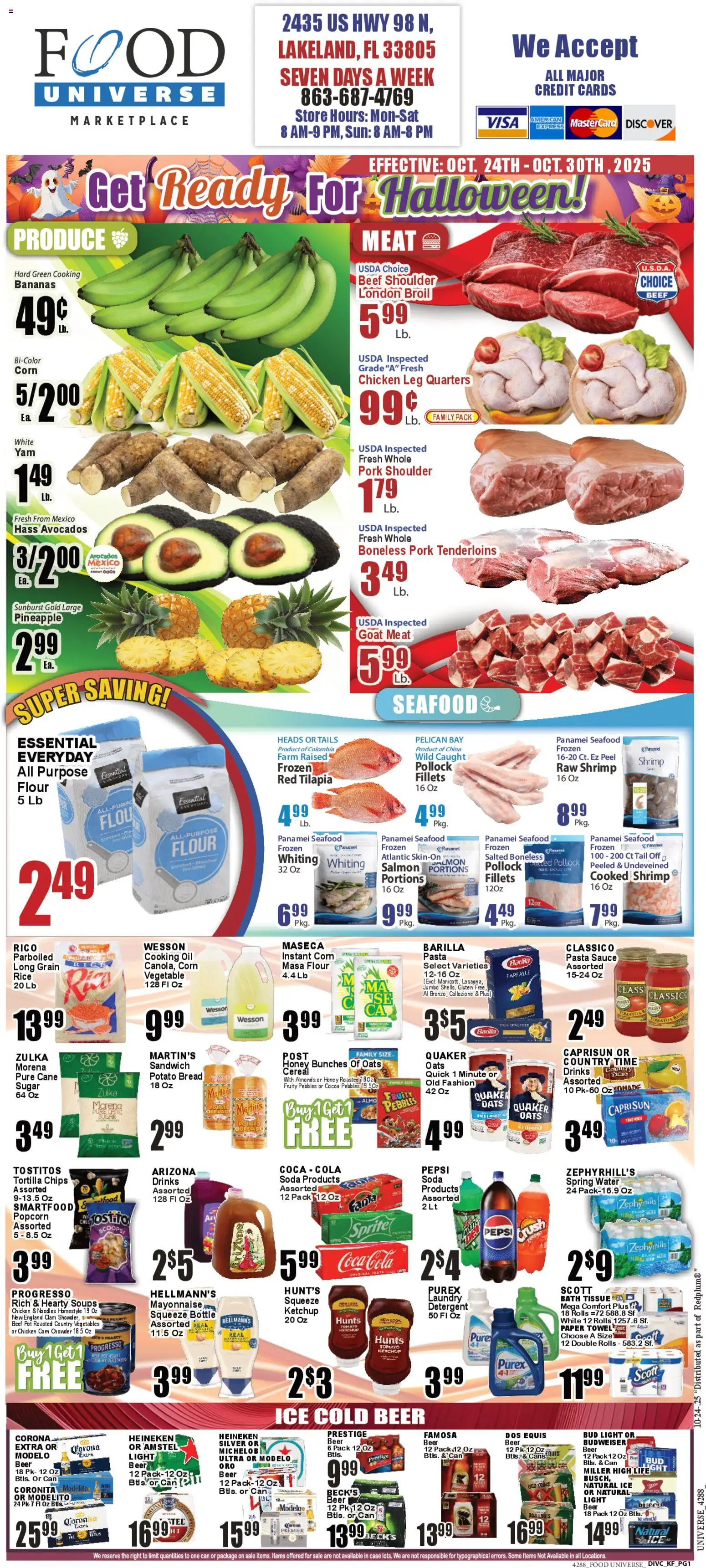 Food Universe Weekly Ad - valid from 24.10.2025 | Page: 1 | Products: Beer, Beef, Chips, Water