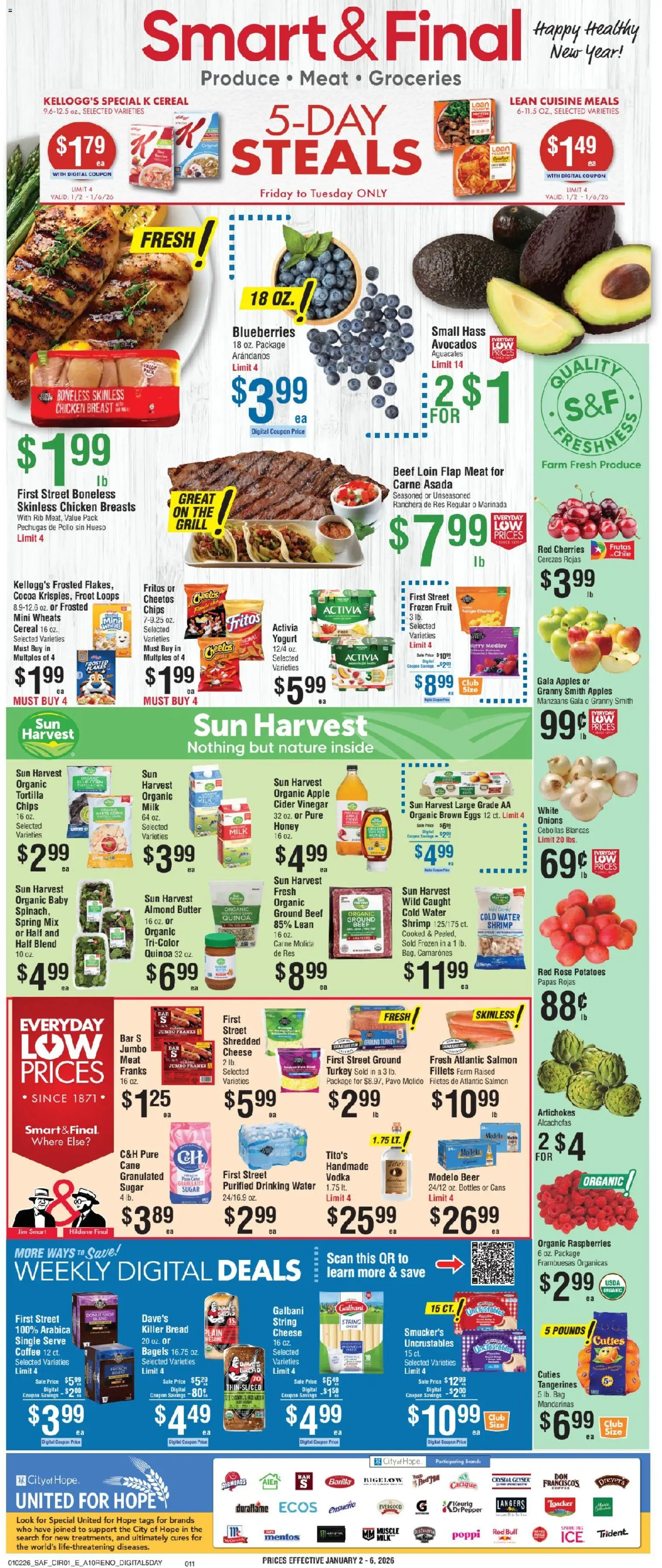 Smart & Final Weekly Ad - valid from 02.01.2026 | Page: 1 | Products: Eggs, Beef, Vodka, Potatoes