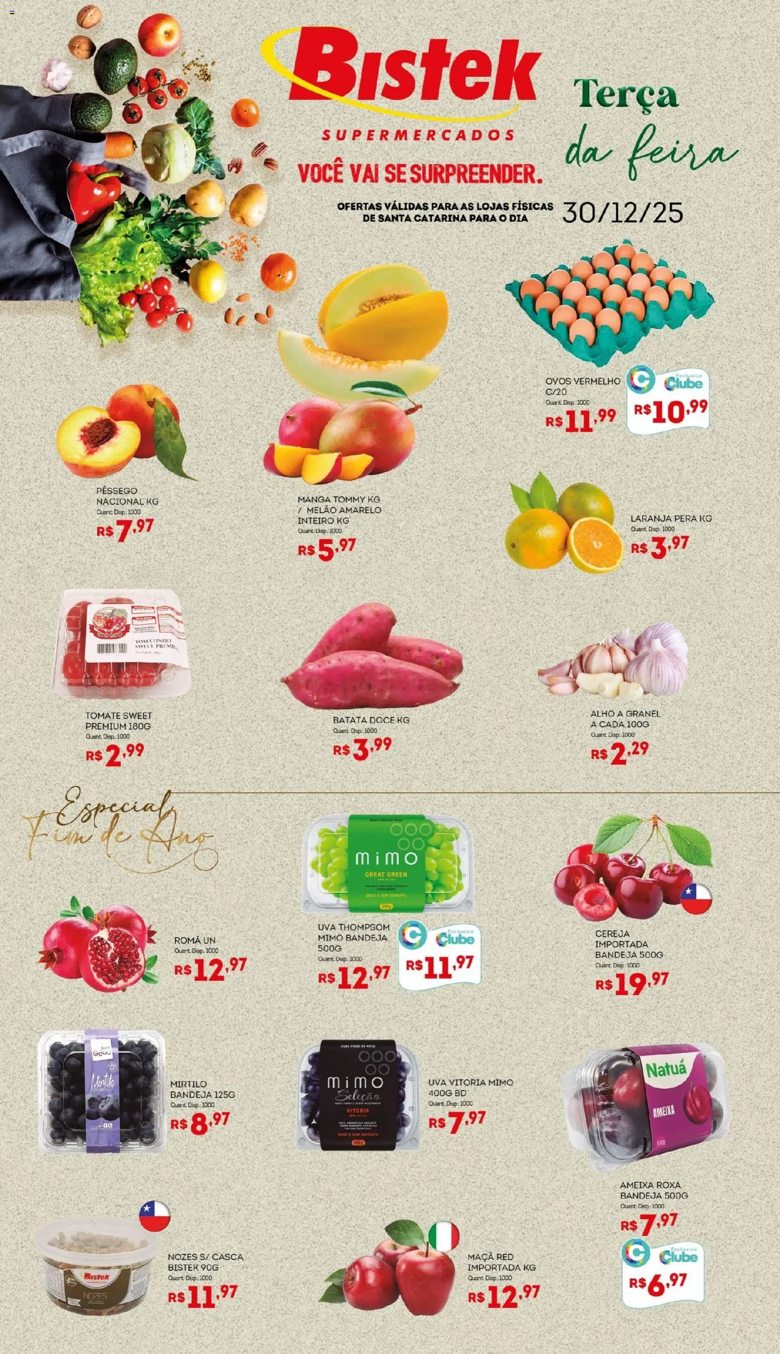 Bistek Supermercados Folheto - válido de 30.12.2025 | Página: 1 | Produtos: Pera, Pêssego, Nozes, Bandeja