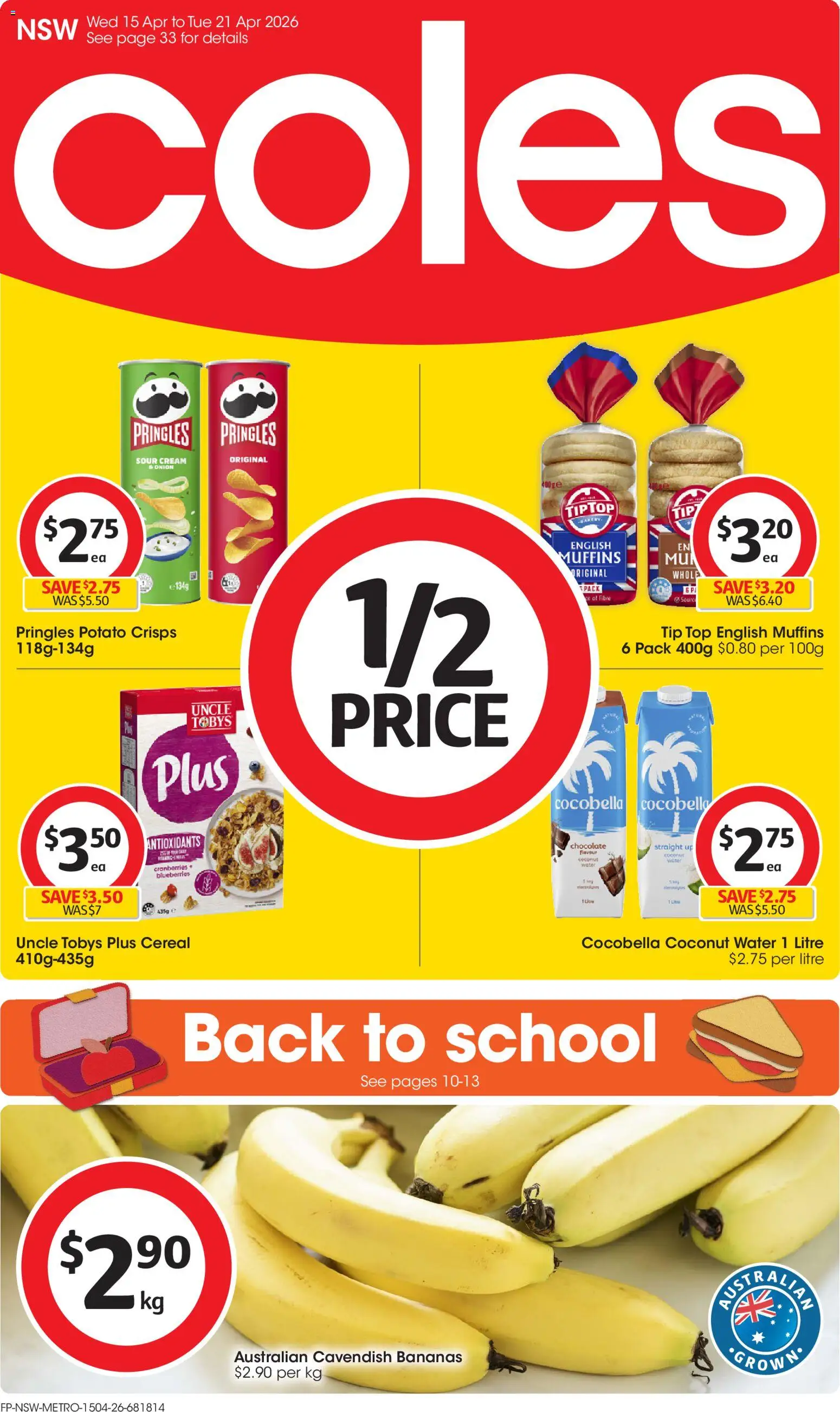 Coles catalogue - valid from 15.04.2026 | Page: 1 | Products: Bananas, Sour cream, Cream, Water