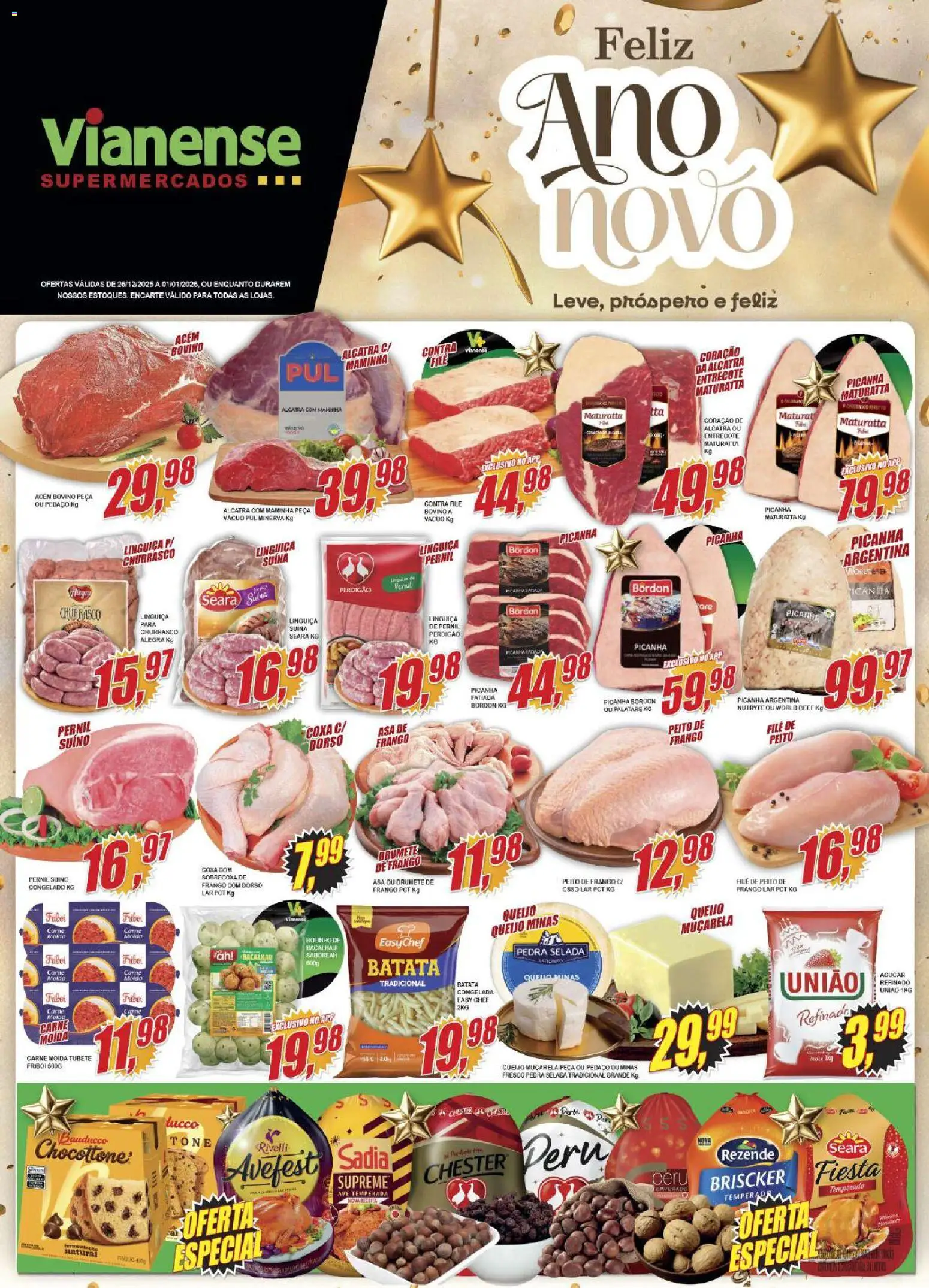 Vianense Folheto - válido de 26.12.2025 | Página: 1 | Produtos: Muçarela, Açúcar, Carne moída, Peito de frango