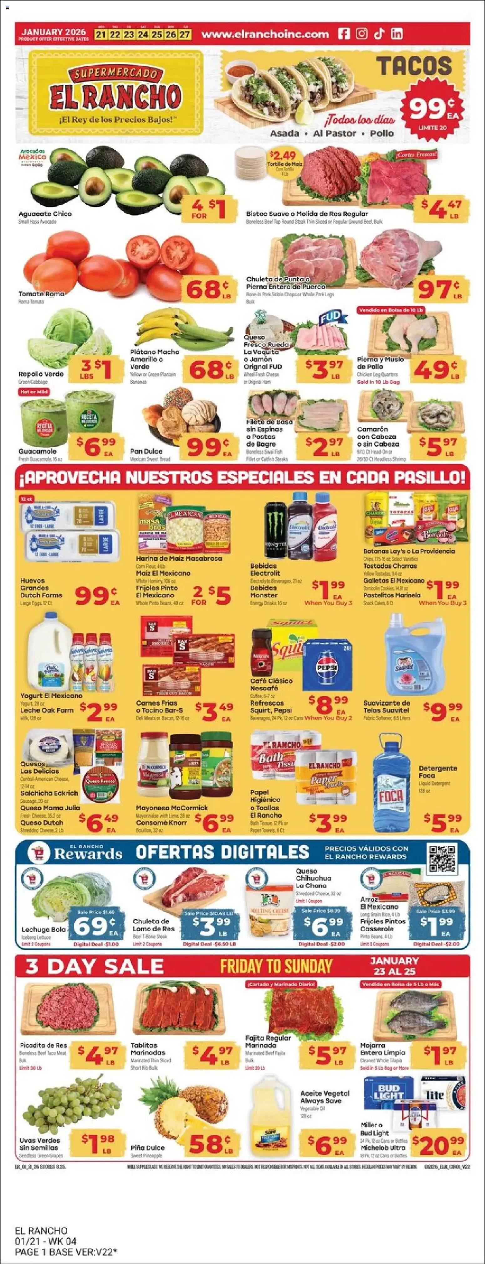 El Rancho - Weekly Ad - valid from 21.01.2026 | Page: 1 | Products: Fish, Pineapple, Mayonnaise, Grapes