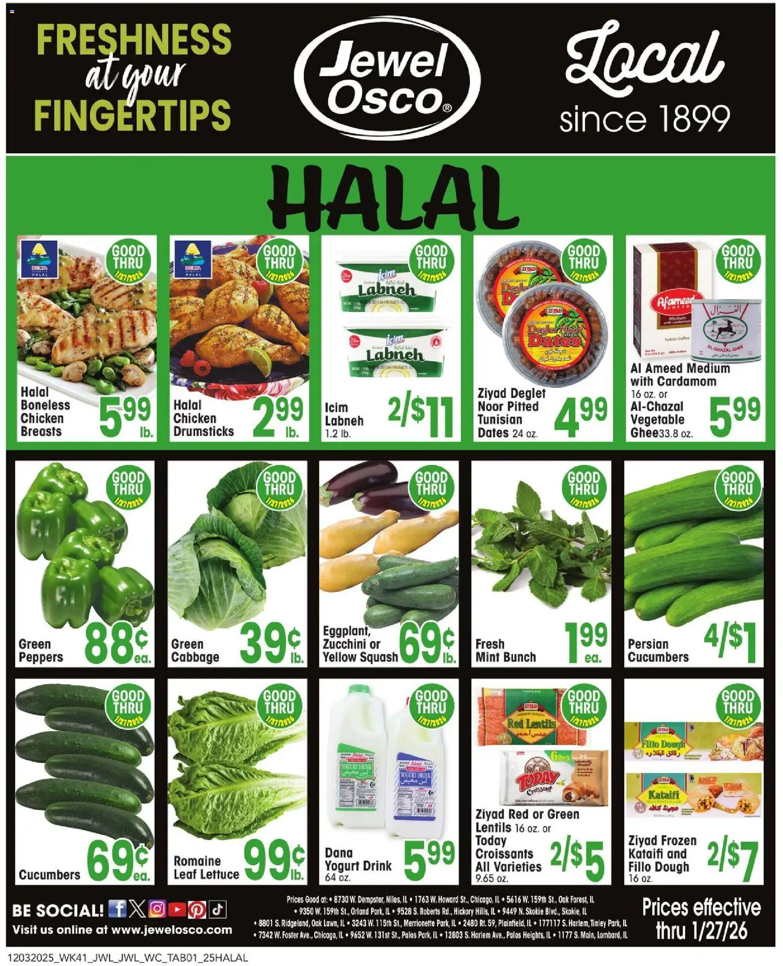 Jewel Osco Halal Ad - valid from 03.12.2025 | Page: 1 | Products: Lettuce, Peppers, Cucumbers, Croissants