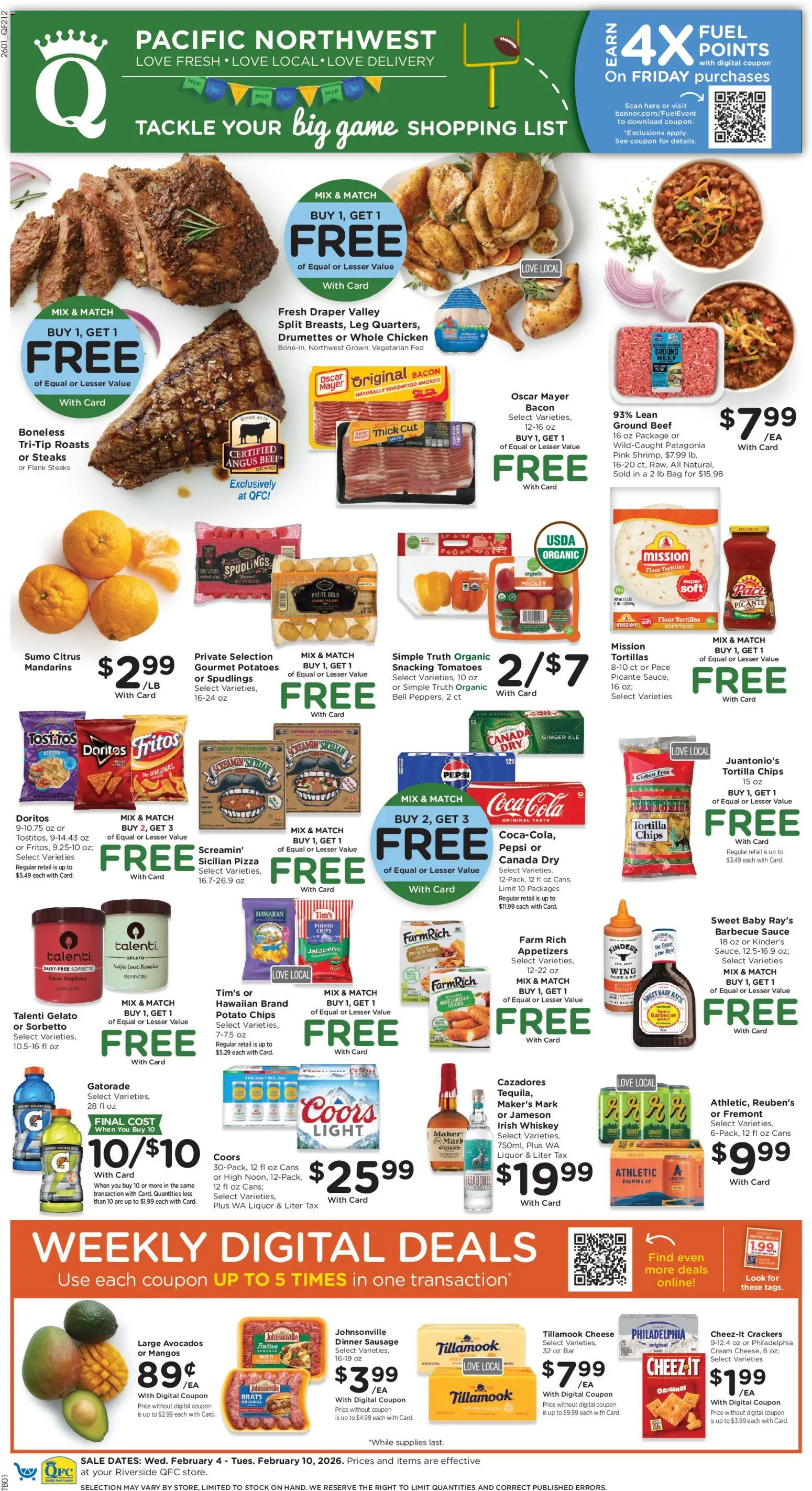 QFC Weekly Ad - WA - valid from 04.02.2026 | Page: 1 | Products: Cheese, Tomatoes, Potatoes, Sauce