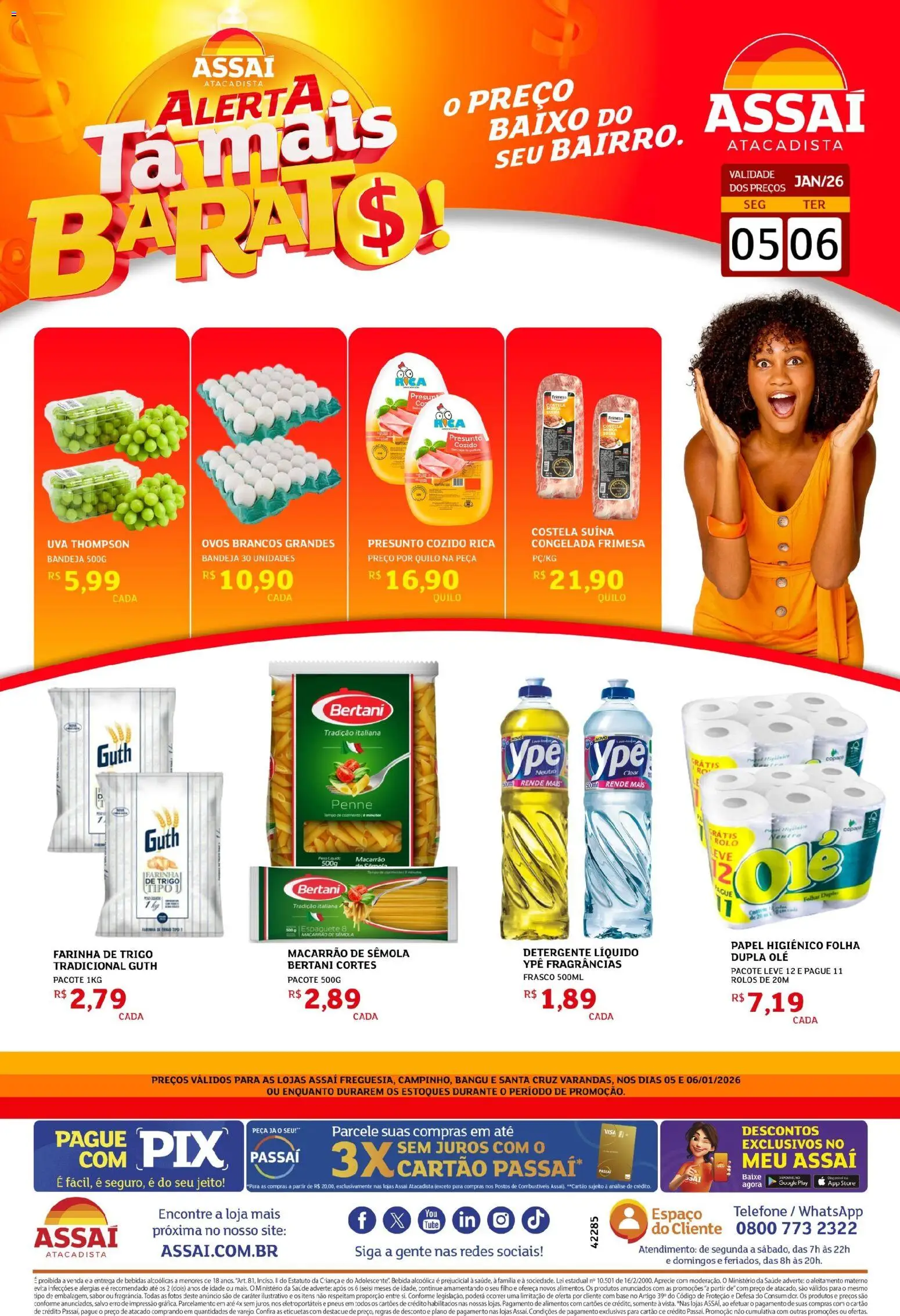 Assaí Atacadista Folheto - válido de 05.01.2026 | Página: 1 | Produtos: Presunto, Pneus, Macarrão, Bandeja