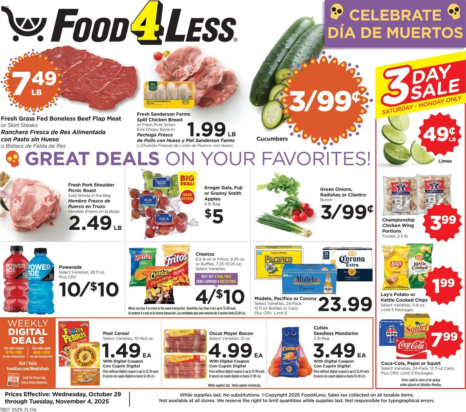 Food 4 Less Weekly Ad - valid from 29.10.2025 | Page: 1 | Products: Pork, Apples, Bag, Kettle