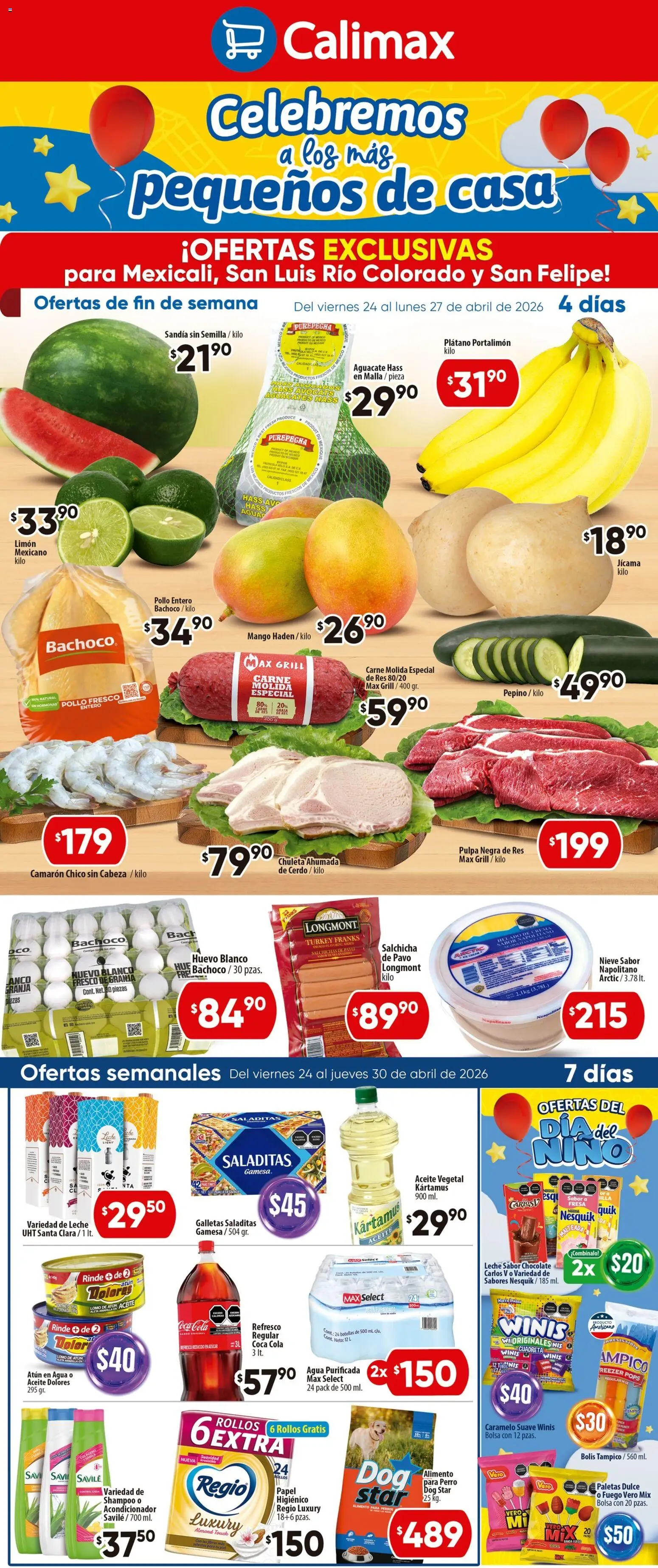 Nuevas ofertas de Calimax válidas en toda la República Mexicana desde el 24.04.2026. ¡Encuentra las mejores ofertas en Calimax folleto Mexicali y SLRC! | Página: 1 | Productos: Atún, Limón, Res, Malla