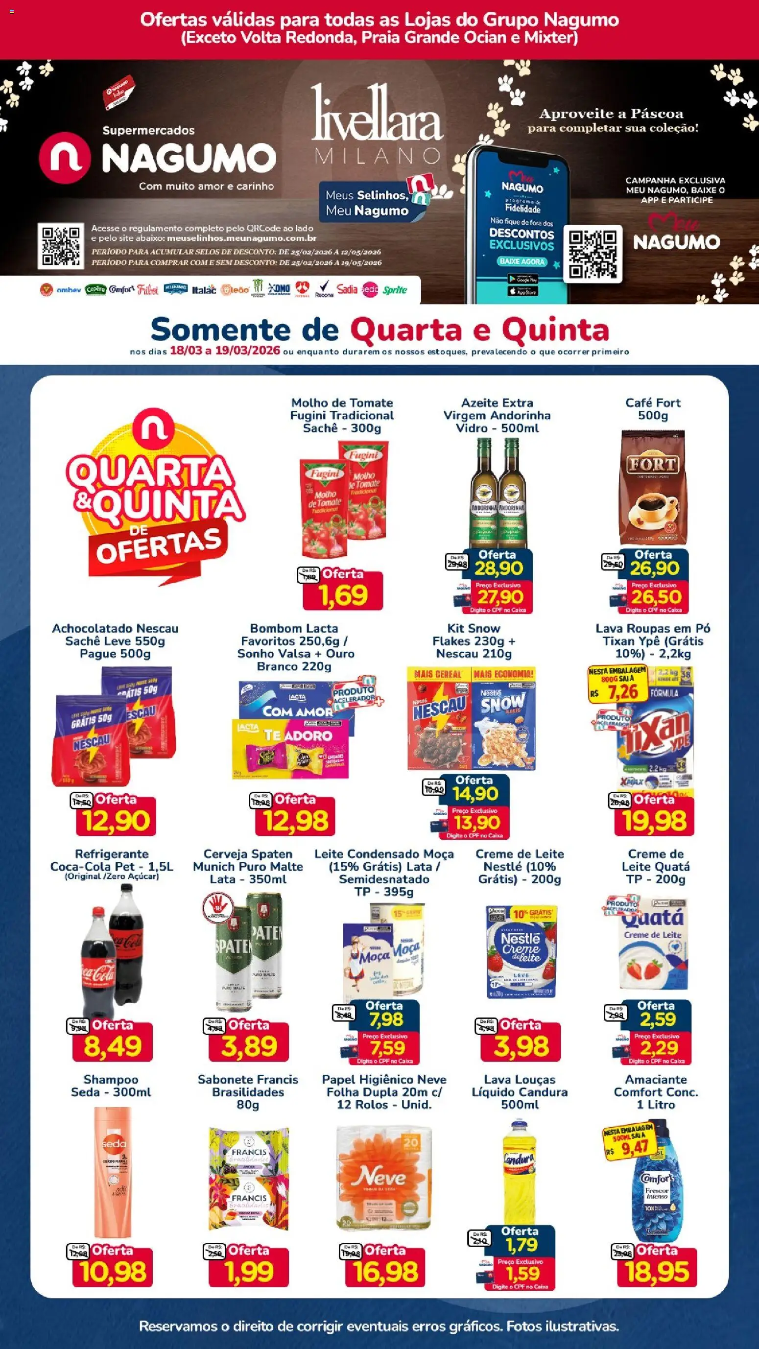 Nagumo Folheto - válido de 18.03.2026 | Página: 1 | Produtos: Molho de tomate, Leite, Sabonete, Papel higiênico