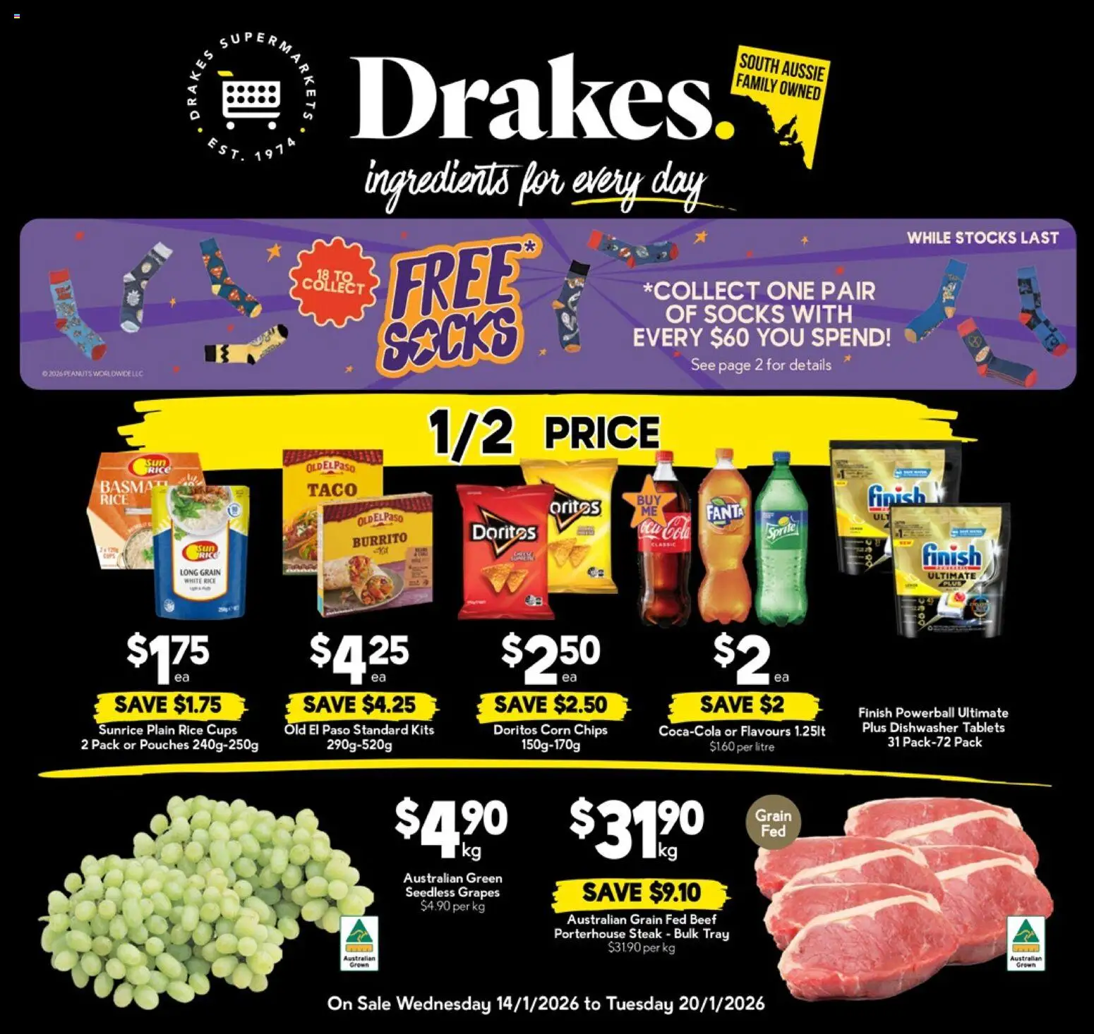 Drakes catalogue - valid from 14.01.2026 | Page: 1 | Products: Cups, Beef, Chips, Grapes