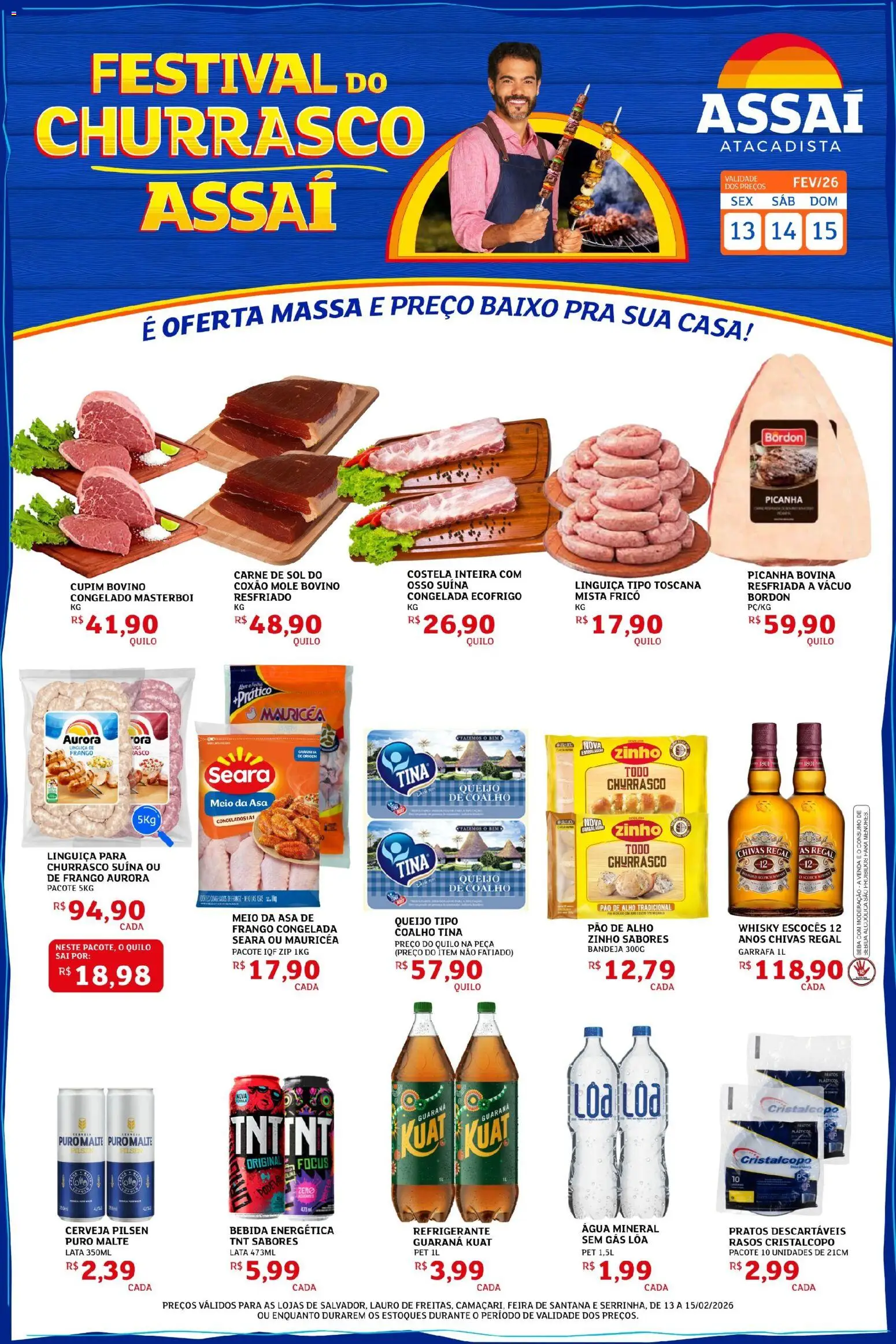Assaí Atacadista Folheto - válido de 13.02.2026 | Página: 1 | Produtos: Pao de alho, Linguiça, Picanha, Bebida