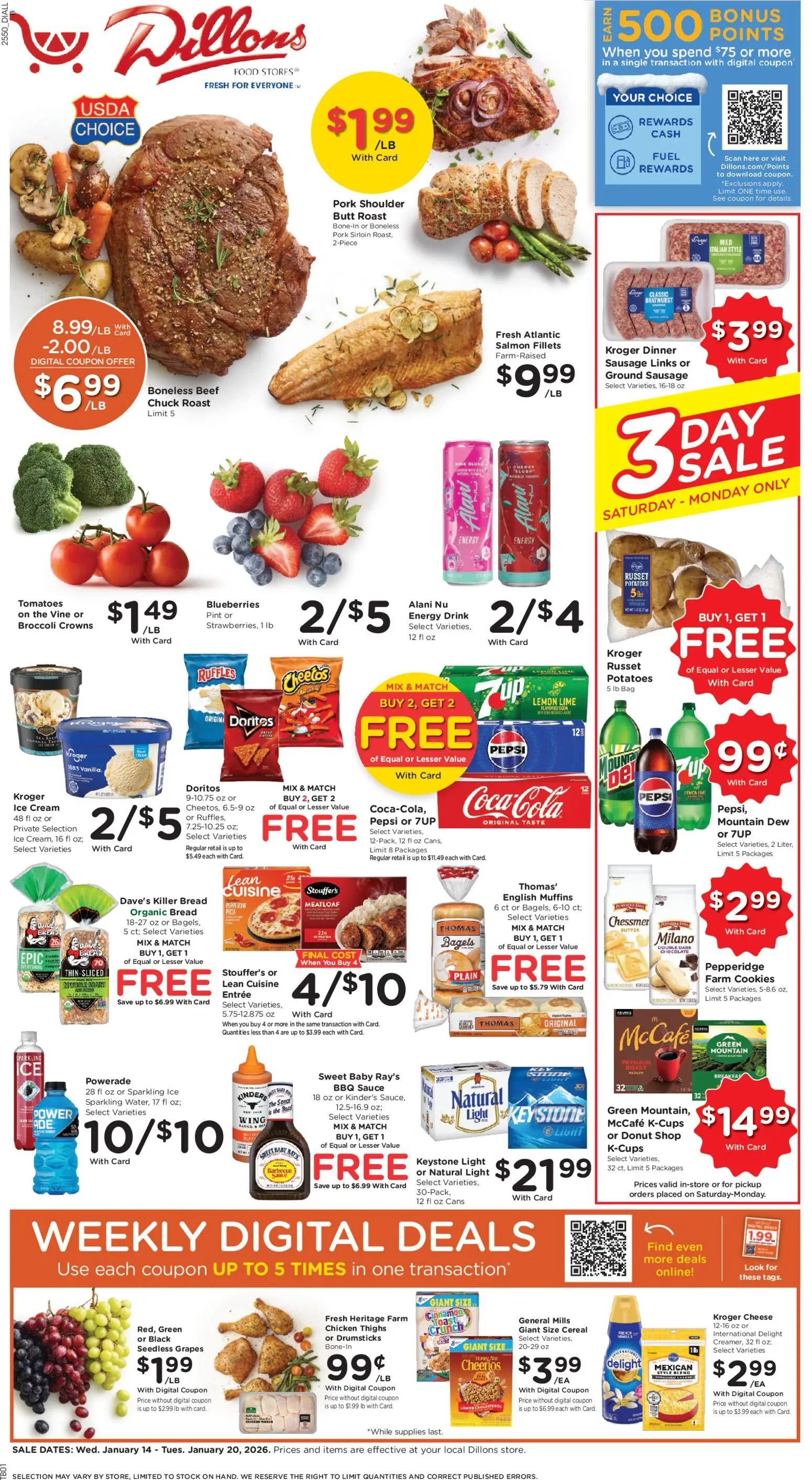Dillons Weekly Ad - KS - valid from 14.01.2026 | Page: 1 | Products: Crowns, Pizza, Tomatoes, Beef
