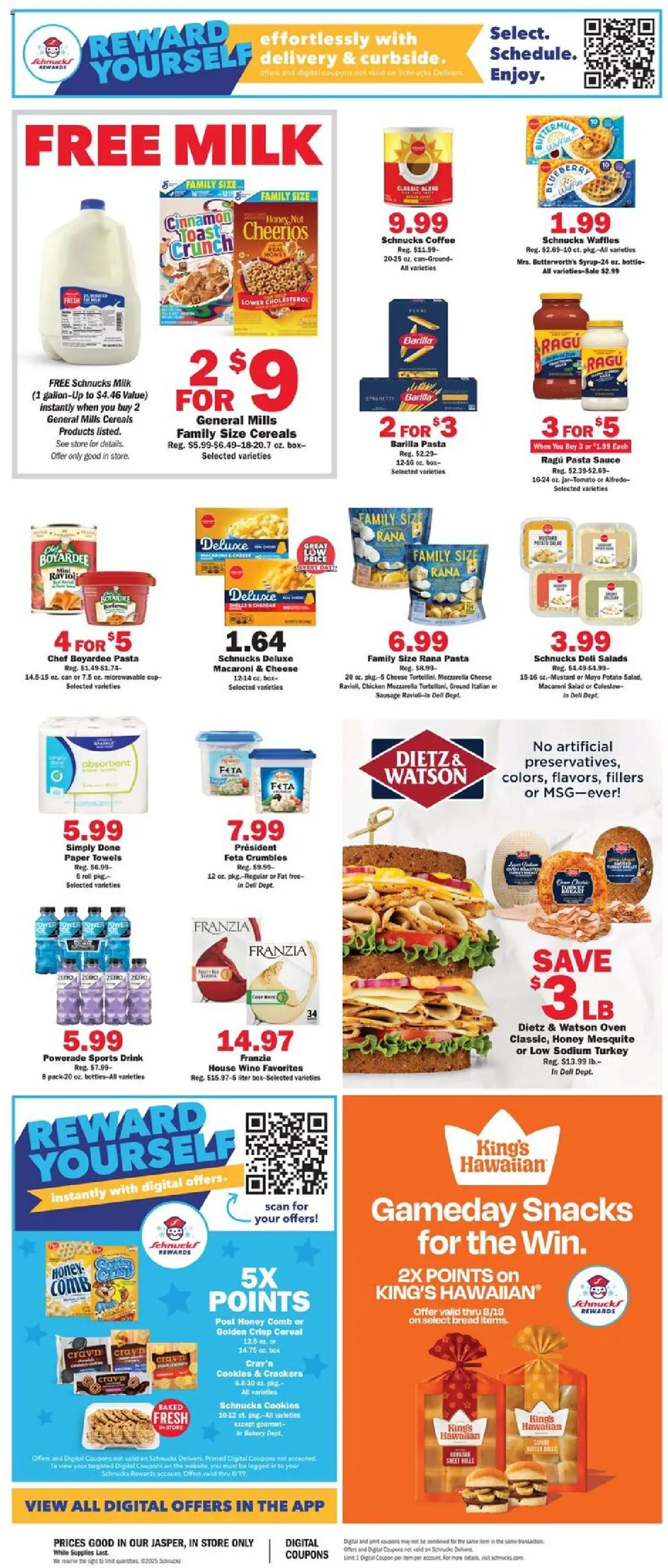 Schnucks Ad - valid from 13.08.2025 | Page: 2 | Products: Milk, Bread, Cookies, Salad