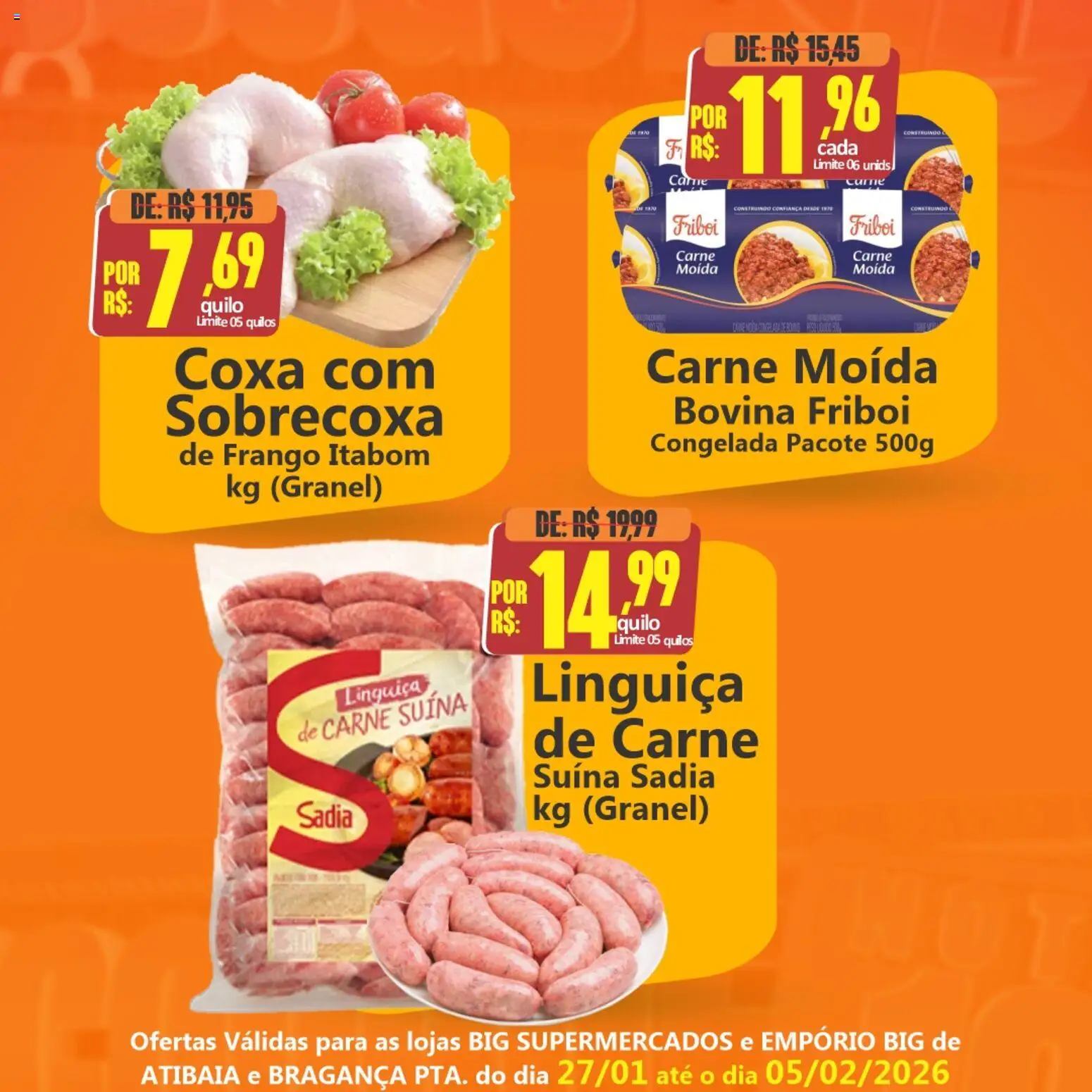 Big Supermercados Folheto - válido de 27.01.2026 | Página: 3 | Produtos: Linguiça, Carne, Frango, Carne moída