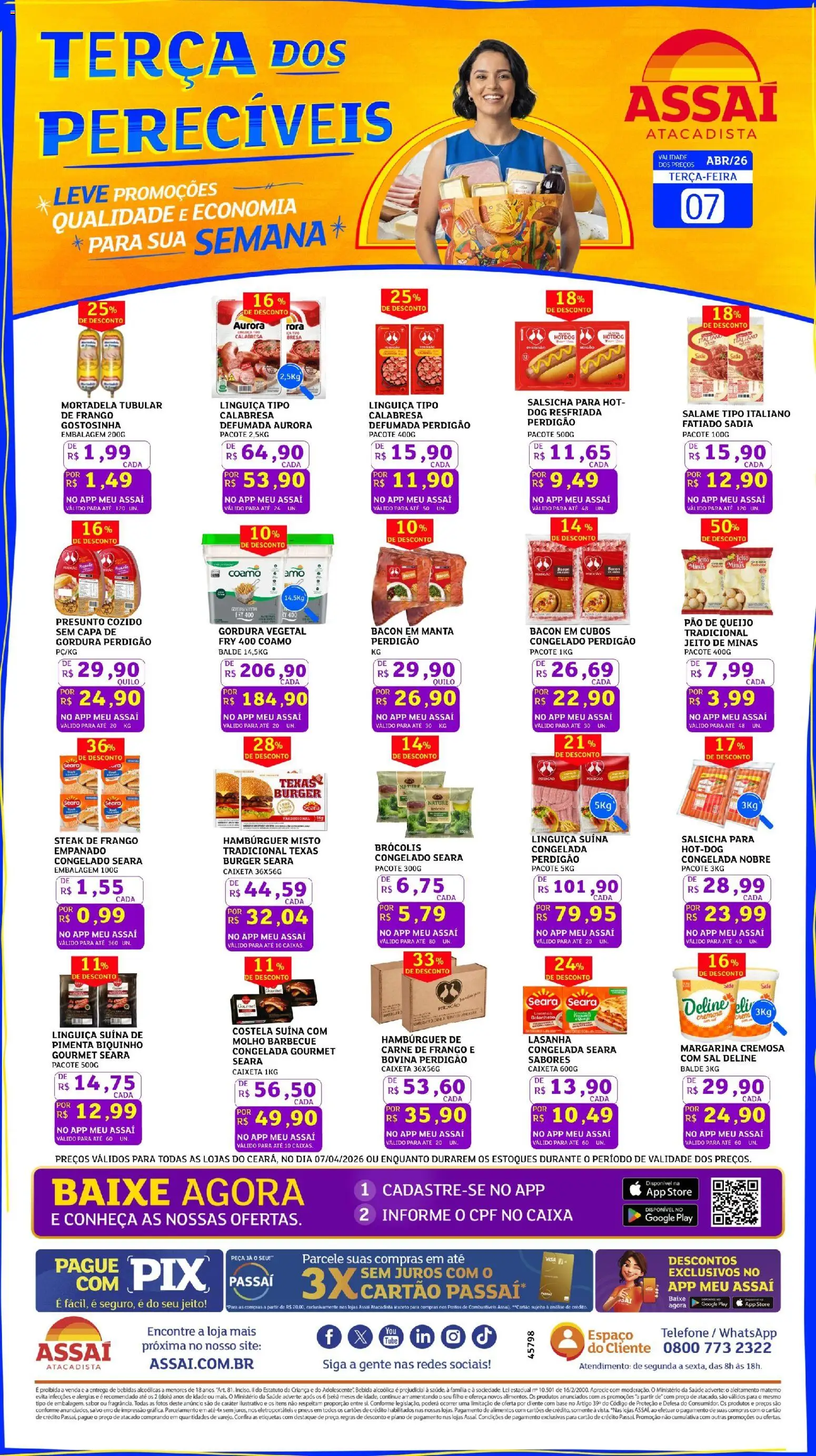 Assaí Atacadista Folheto - válido de 07.04.2026 | Página: 1 | Produtos: Linguiça, Presunto, Base, Balde