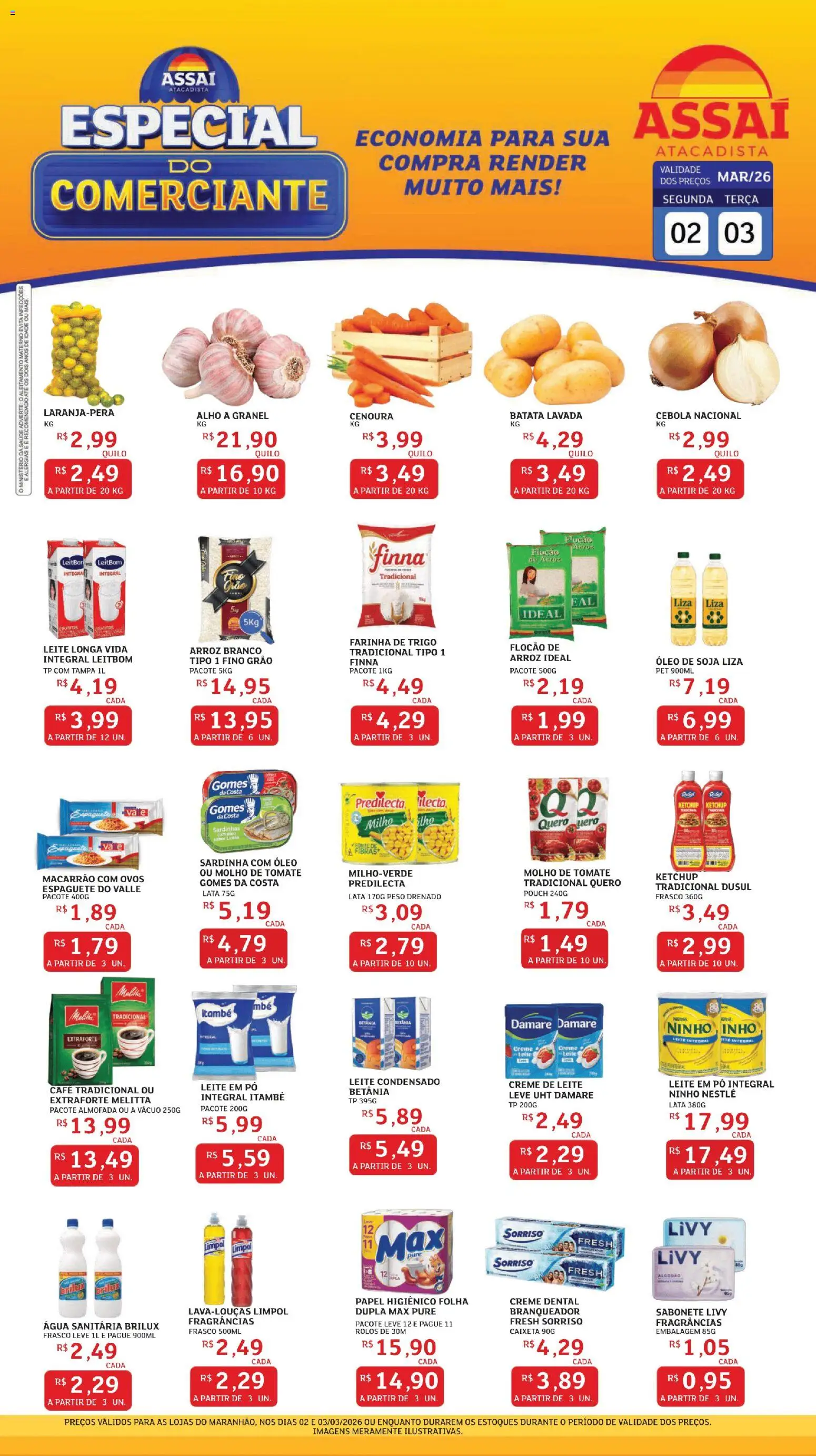 Assaí Atacadista Folheto - válido de 02.03.2026 | Página: 1 | Produtos: Molho de tomate, Sabonete, Soja, Água sanitária