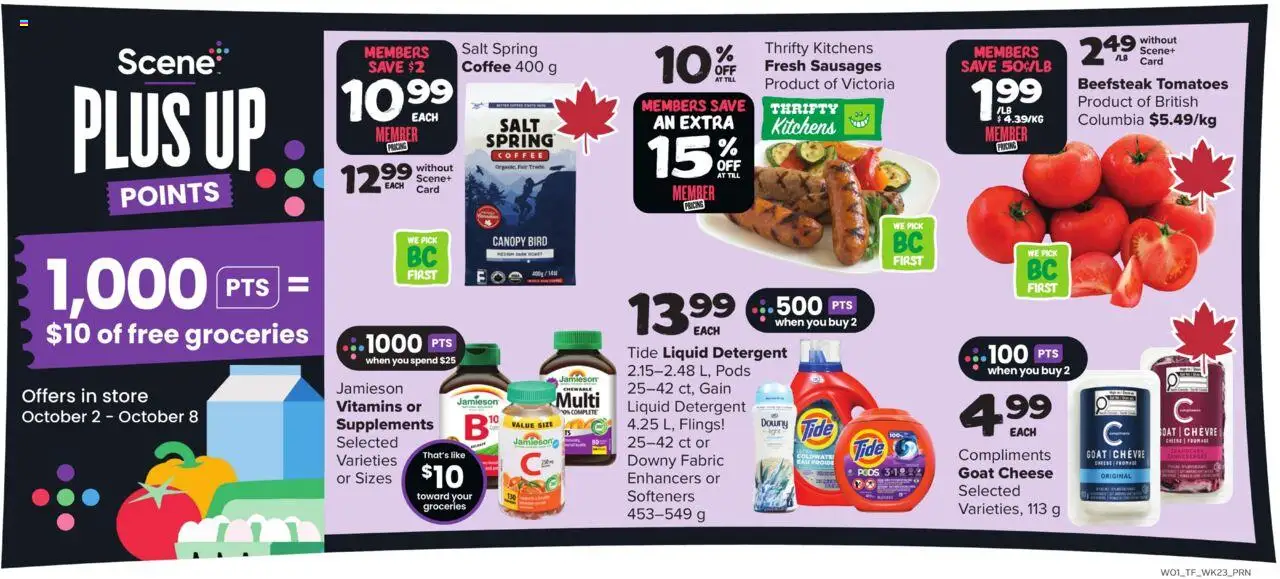 Thrifty Foods flyer valid from 02.10.2025 | Page: 9 | Products: Detergent, Cheese, Coffee, Tomatoes