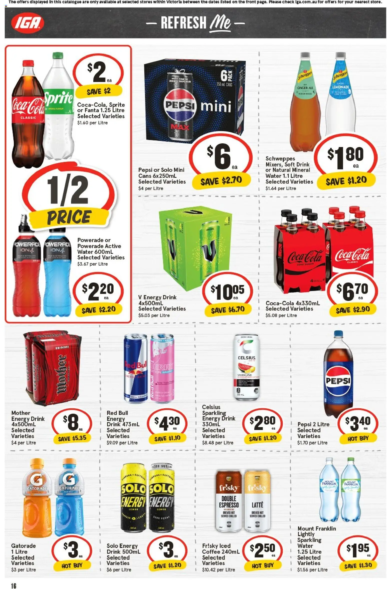 IGA catalogue - valid from 05.11.2025 | Page: 16 | Products: Energy drink, Coffee, Ginger, Water