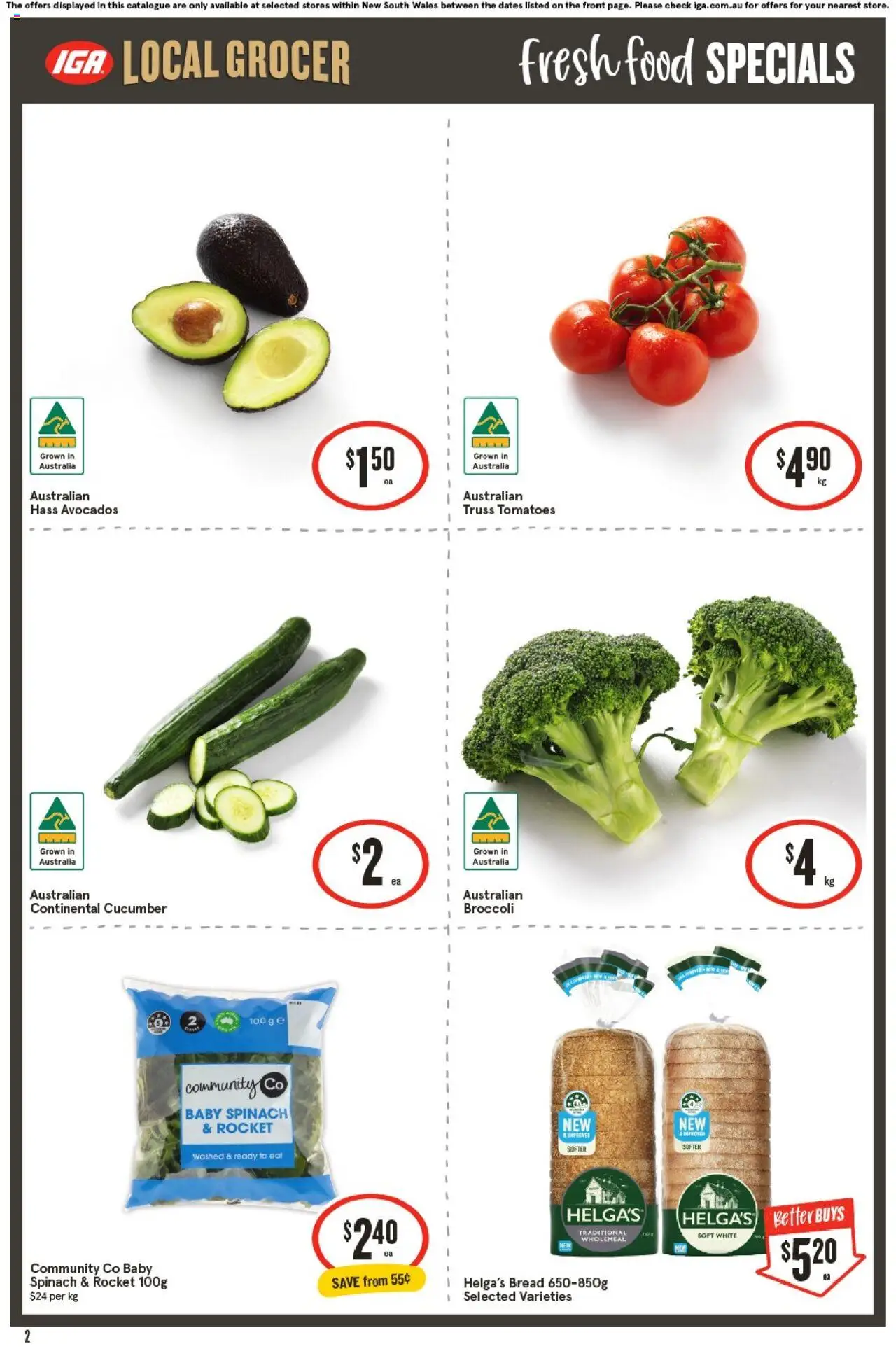 IGA catalogue - valid from 22.10.2025 | Page: 2 | Products: Bread, Tomatoes, Rocket, Spinach