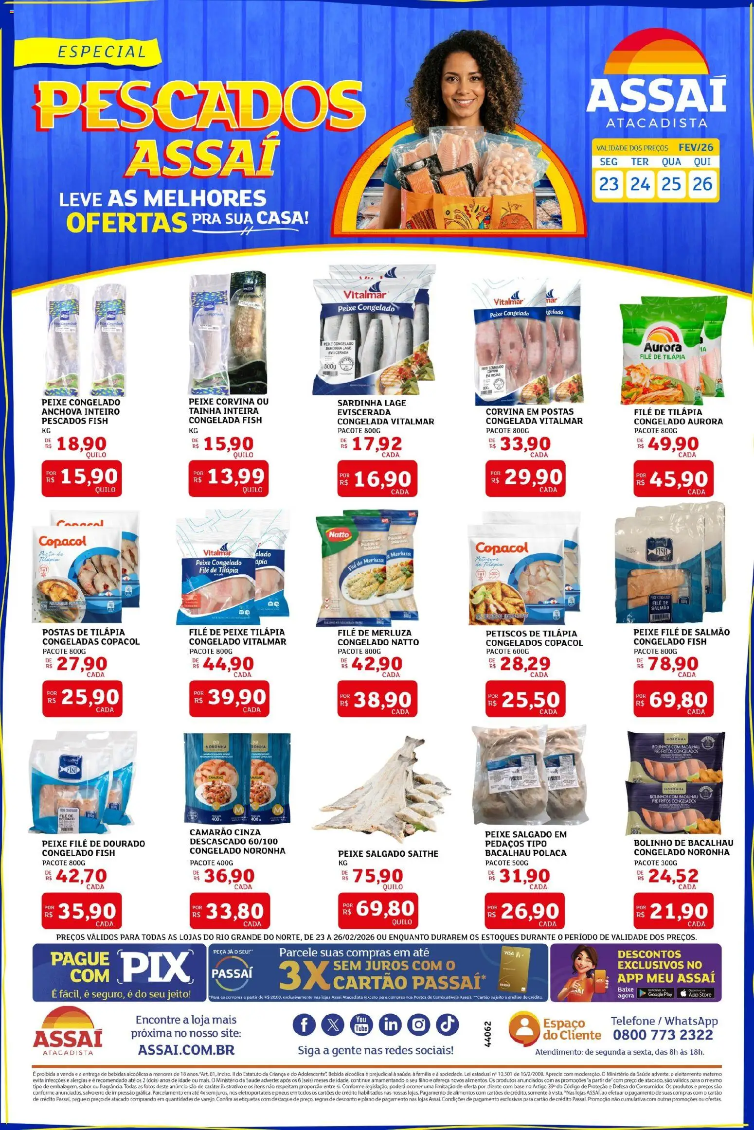 Assaí Atacadista Folheto - válido de 23.02.2026 | Página: 1 | Produtos: Camarão, Tilápia, Pneus, Base