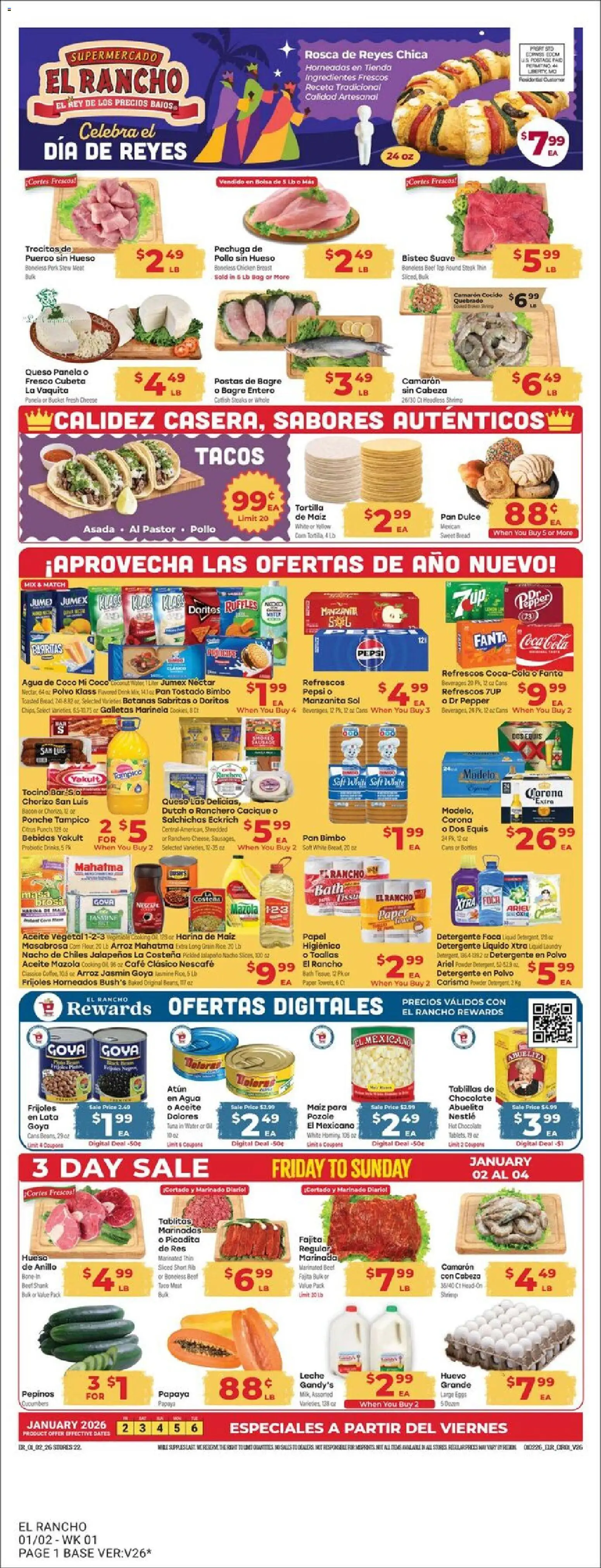 El Rancho Weekly Ad - valid from 02.01.2026 | Page: 1 | Products: Pan, Chocolate, Sausage, Bag