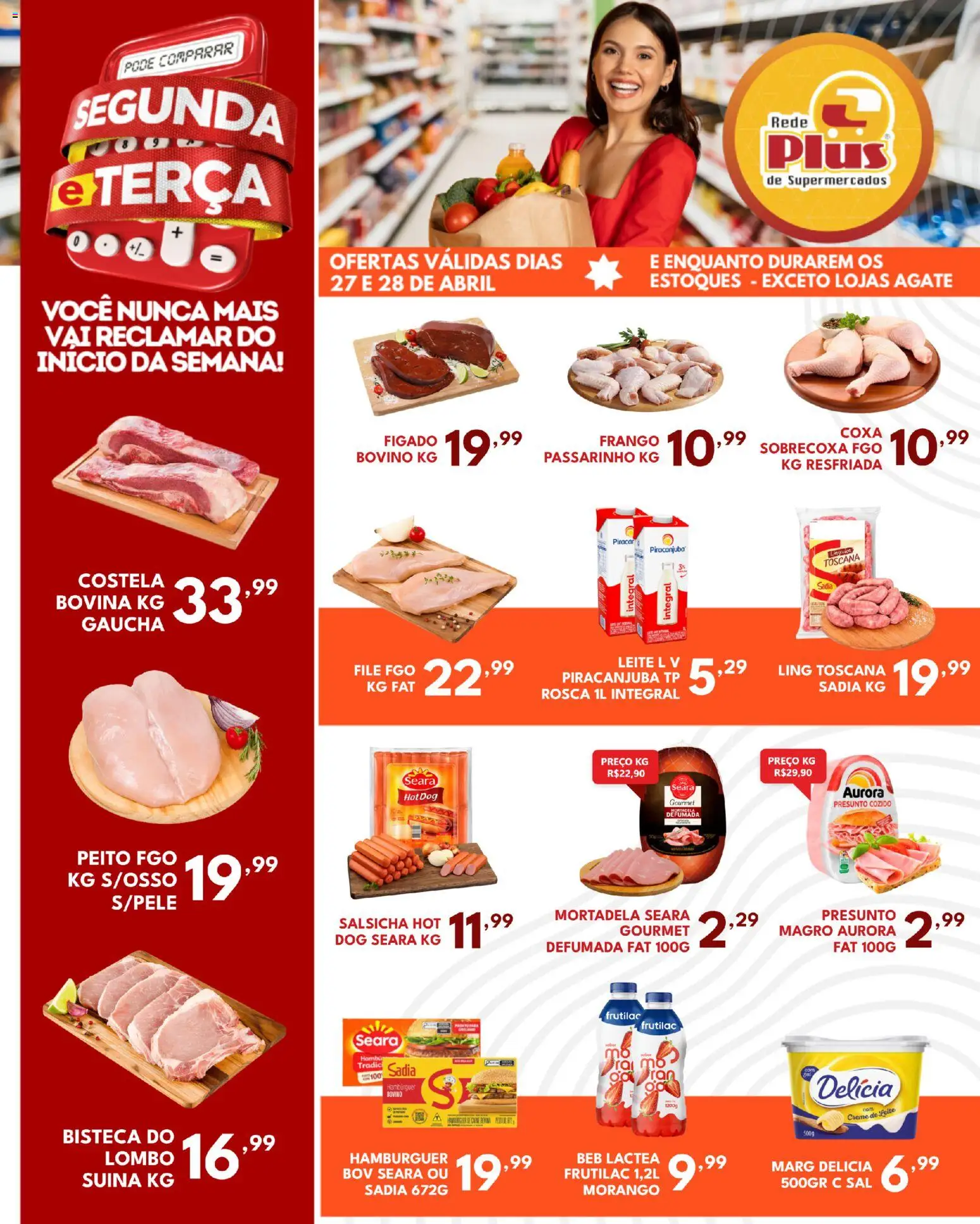 Rede Plus Supermercados Folheto - válido de 27.04.2026 | Página: 1 | Produtos: Leite, Presunto, Hambúrguer, Frango
