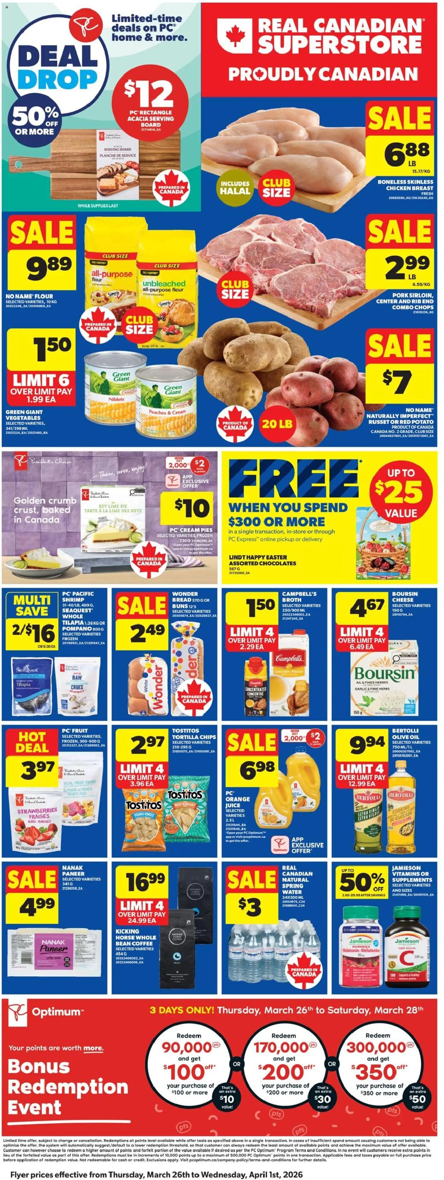 Real Canadian Superstore flyer valid from 26.03.2026 | Page: 4 | Products: Cream, Cheese, Bread, Pork