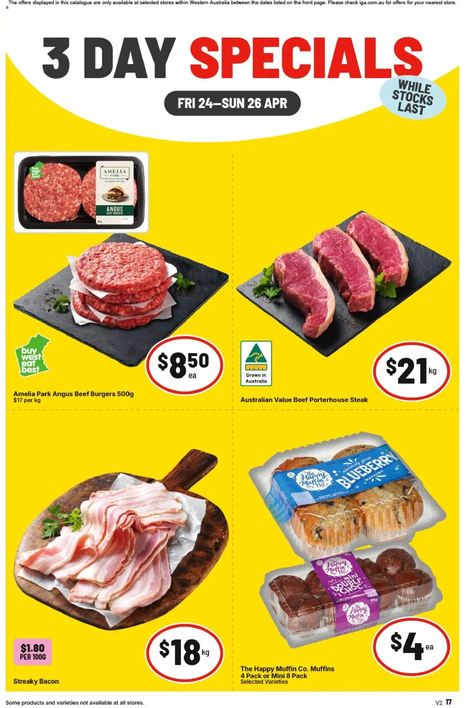 IGA catalogue - valid from 24.04.2026 | Page: 1 | Products: Bacon, Muffins, Beef, Steak