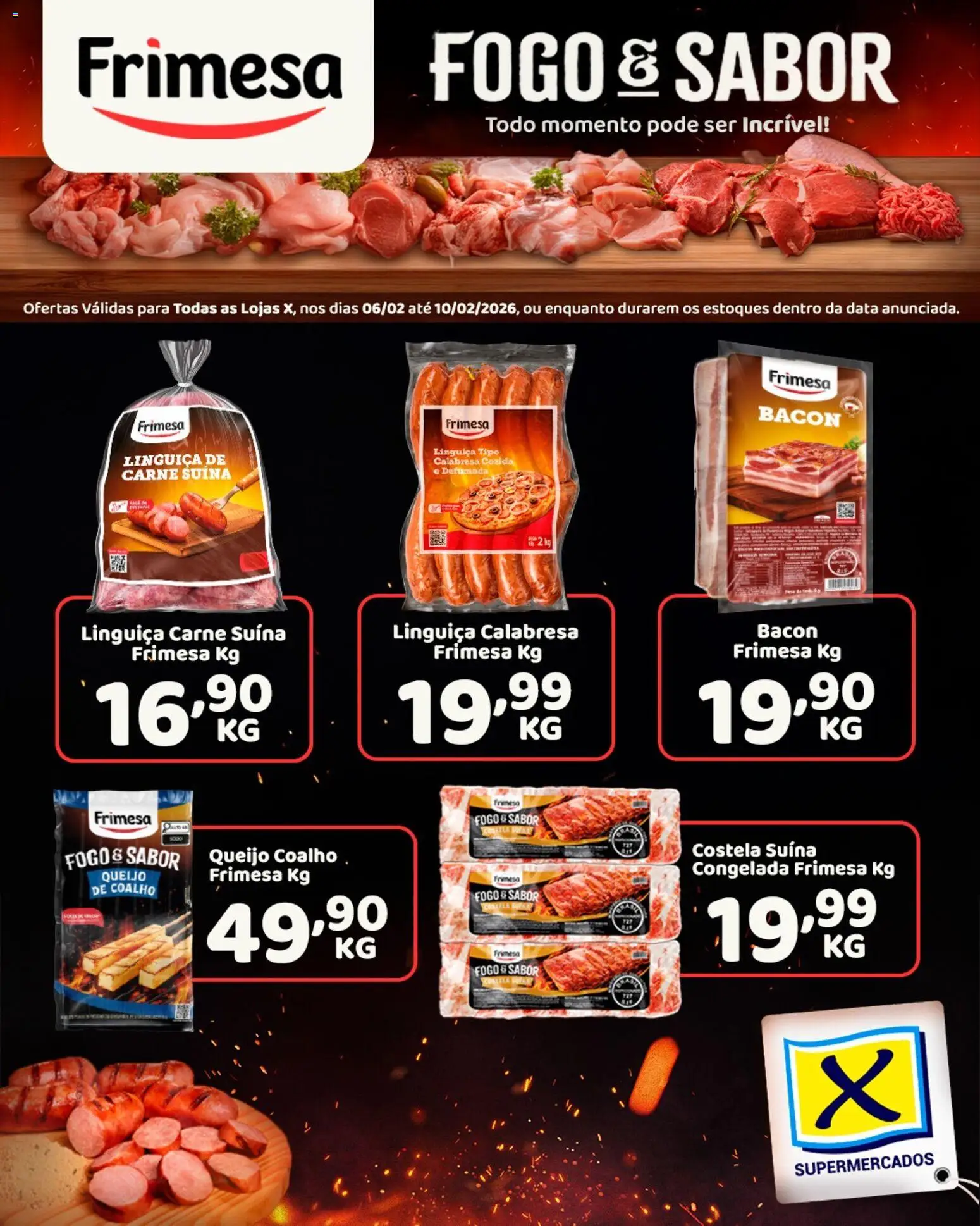 X Supermercados Folheto - válido de 06.02.2026 | Página: 1 | Produtos: Linguiça, Queijo, Queijo coalho, Carne