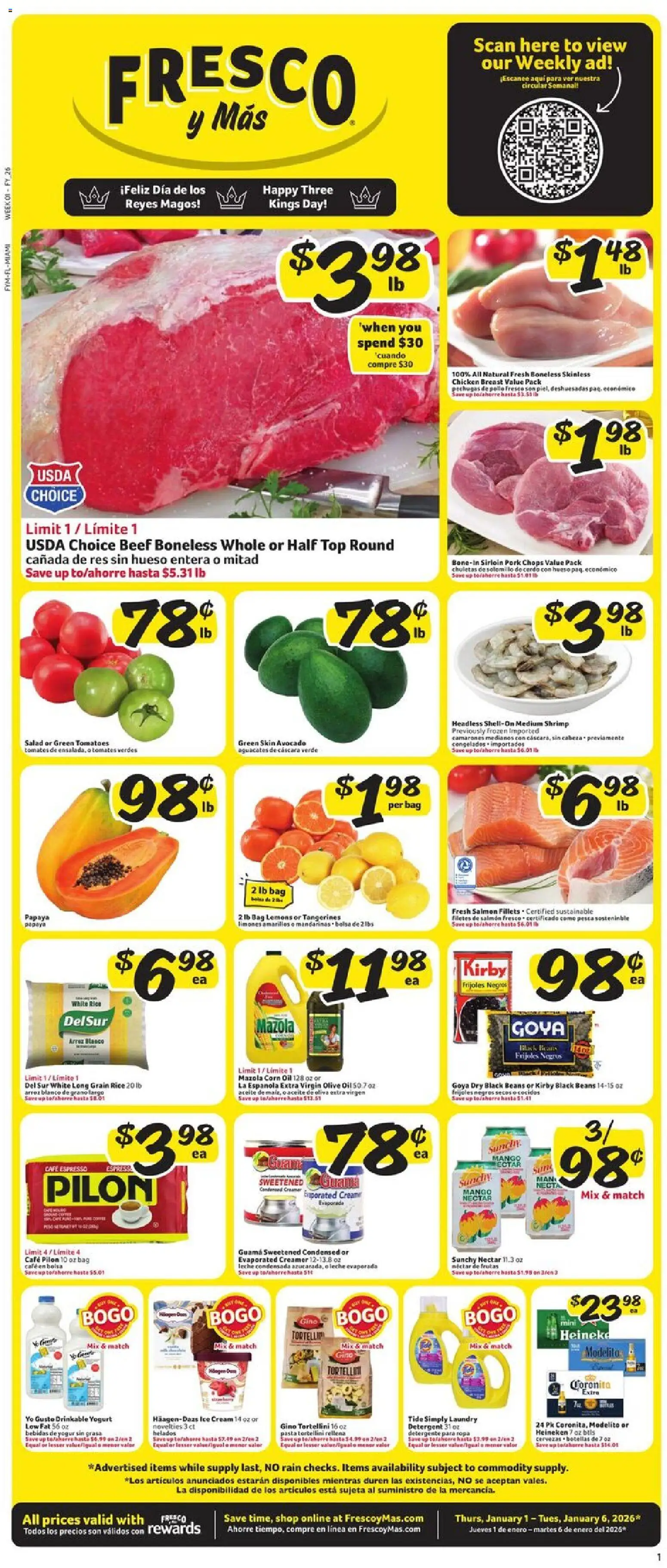 Fresco y Más Weekly Ad - valid from 01.01.2026 | Page: 1 | Products: Yogurt, Rice, Pasta, Bag