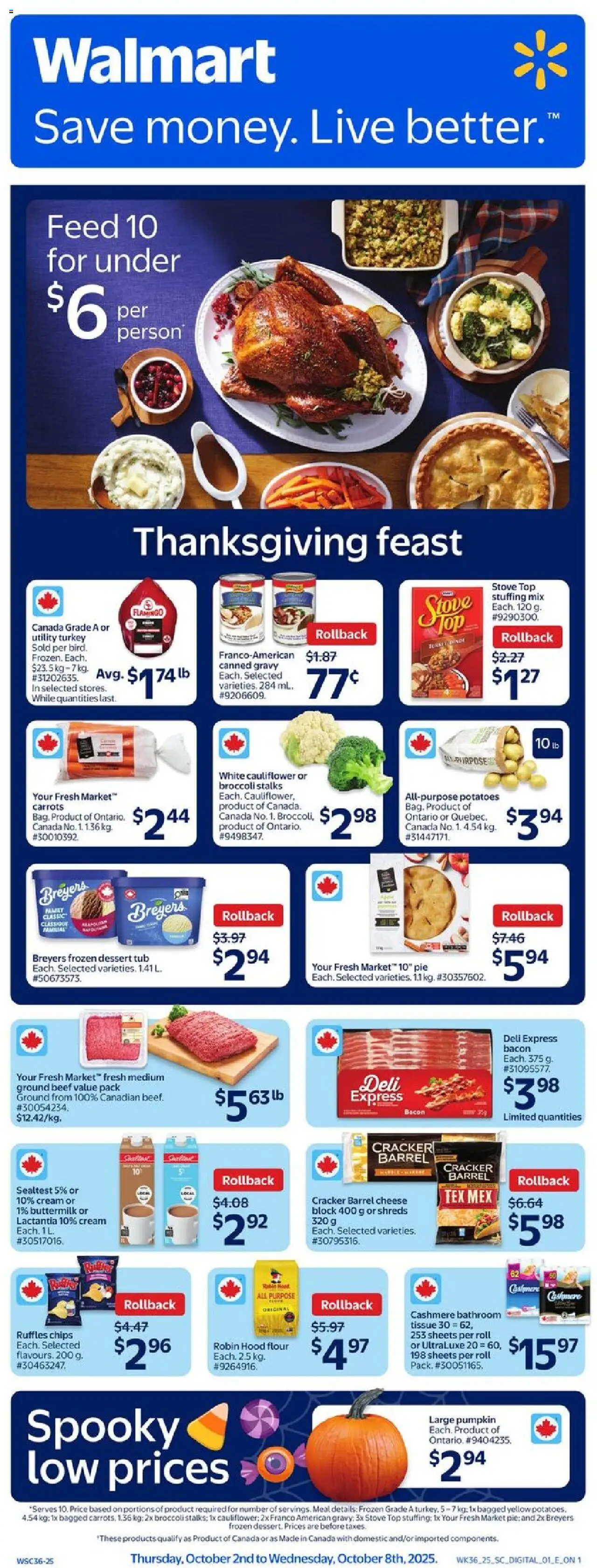 Walmart flyer valid from 02.10.2025 | Page: 1 | Products: Cream, Turkey, Stove, Cheese