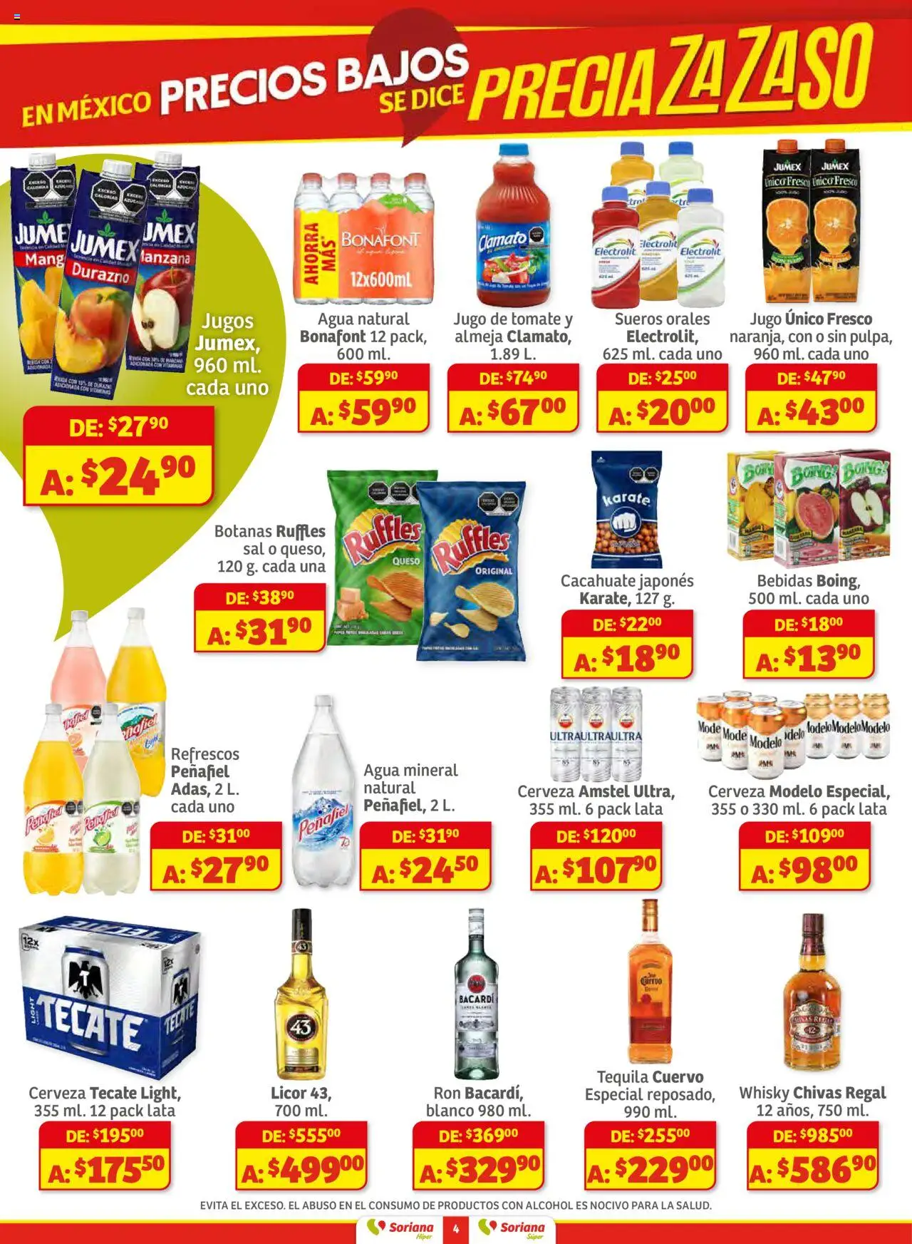 Nuevas ofertas de Soriana válidas en toda la República Mexicana desde el 14.08.2025. ¡Encuentra las mejores ofertas en Soriana - Preciazazaso Híper: Edo Mex, Guerr, Hgo, Mor, Pue, Qto, Tlax, Ver! | Página: 4 | Productos: Queso, Jugo, Cerveza, Tequila