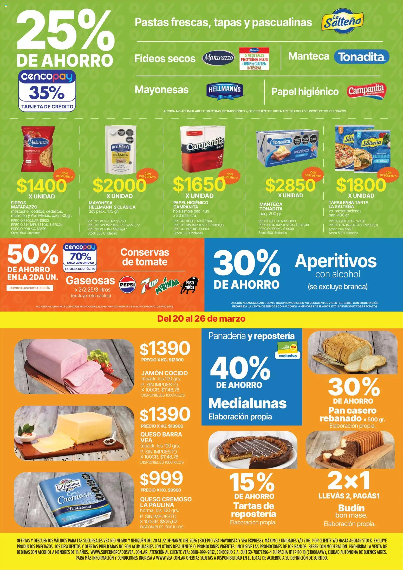 Vea - Ofertas fin de semana Patagonia │ válido desde el 20.03.2026 | Página: 2 | Productos: Panadería, Mayonesa, Jamón, Fideos