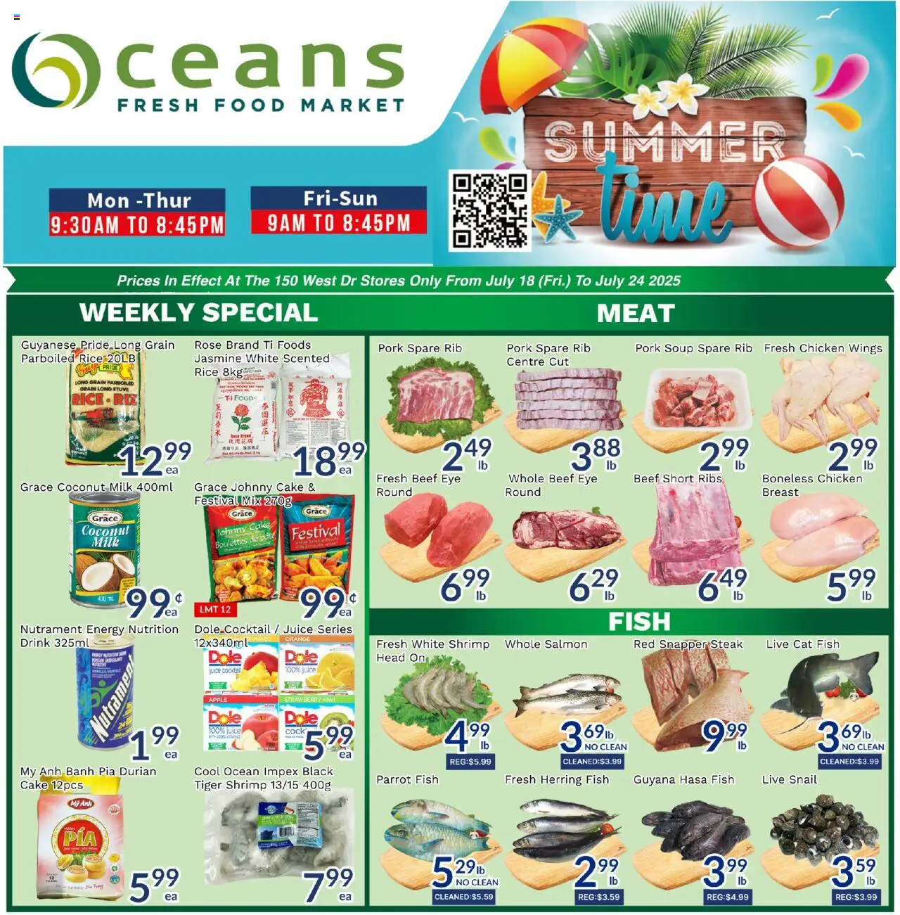 Oceans flyer valid from 18.07.2025 | Page: 1 | Products: Fish, Beef, Juice, Pork