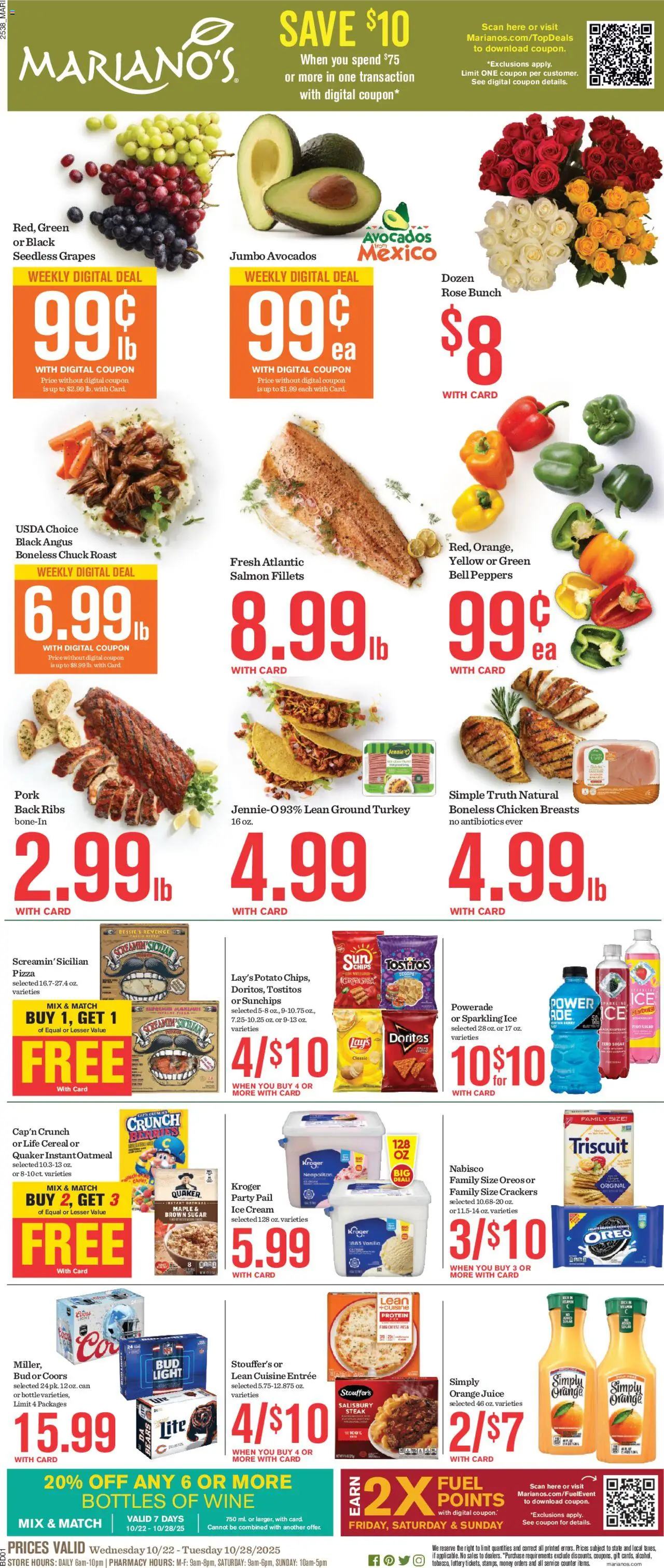 Mariano's Weekly Ad - valid from 22.10.2025 | Page: 1 | Products: Pork, Ice cream, Sugar, Grapes