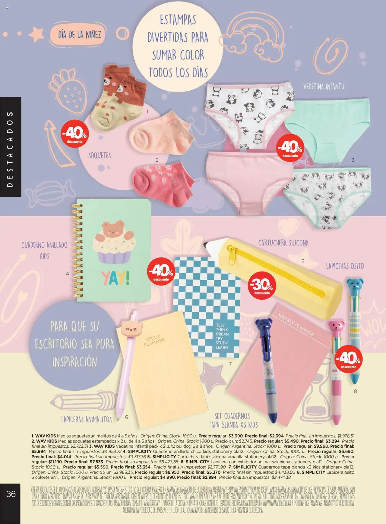 Farmacity catálogo │ válido desde el 01.08.2025 | Página: 36 | Productos: Escritorio, Salchicha, Medias, Cuaderno