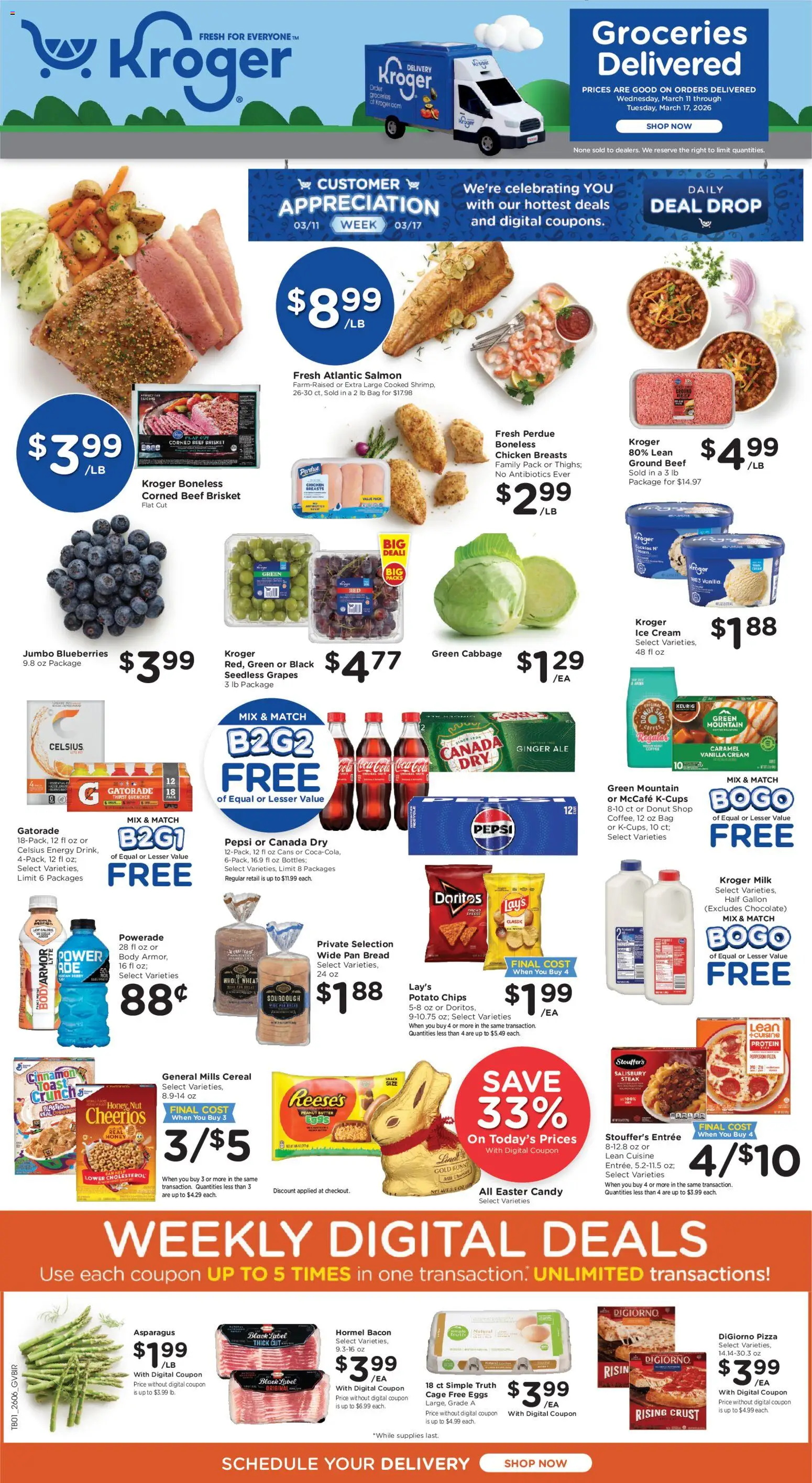 Kroger Ad - valid from 11.03.2026 | Page: 1 | Products: Milk, Chips, Blueberries, Bag