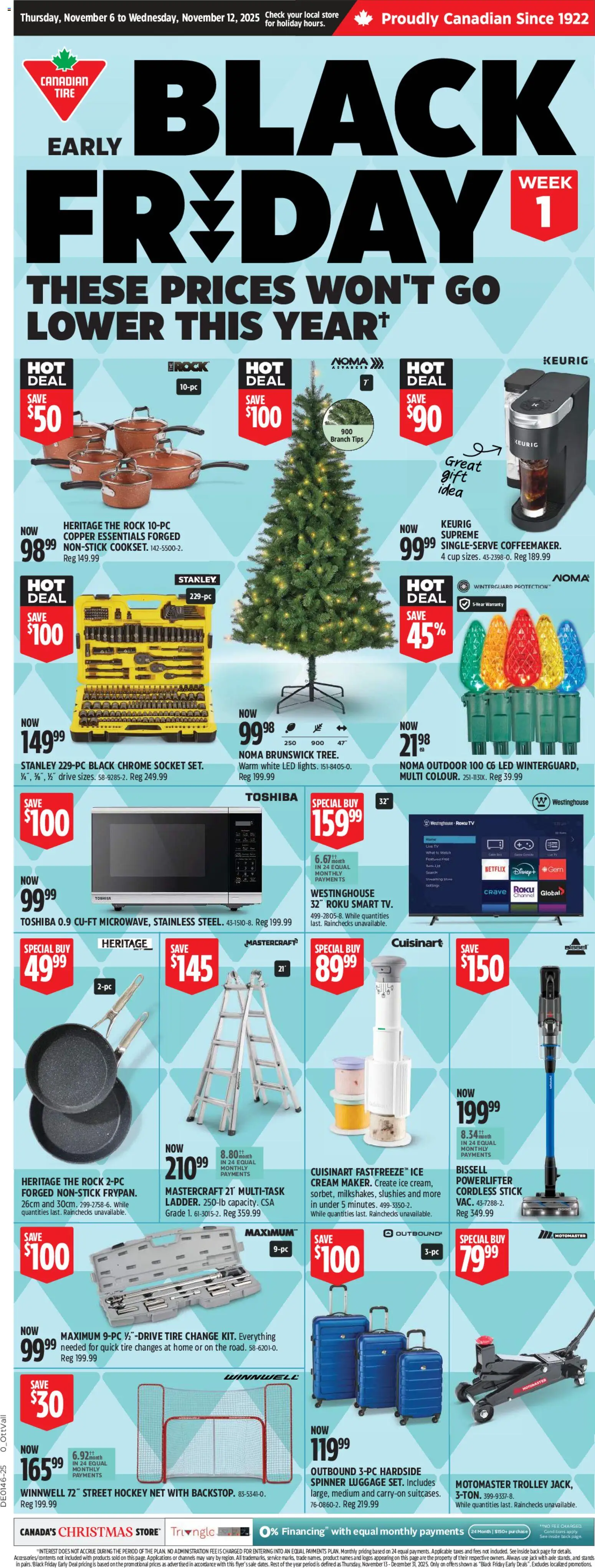 Canadian Tire flyer valid from 06.11.2025 | Page: 1 | Products: Luggage, Watch, Tv, Socket
