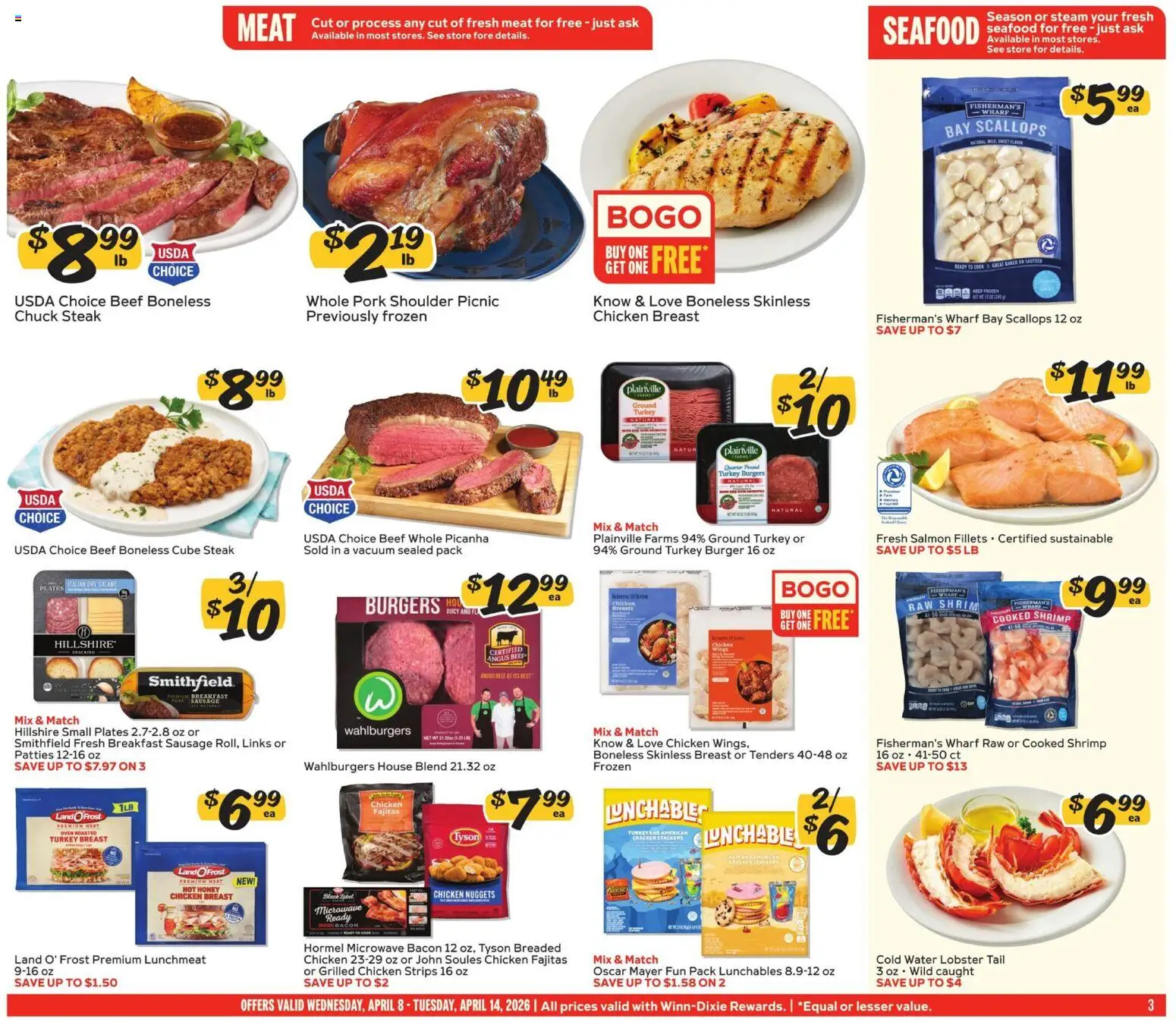 Winn Dixie Weekly Ad - valid from 08.04.2026 | Page: 3 | Products: Microwave, Pork, Beef, Seafood