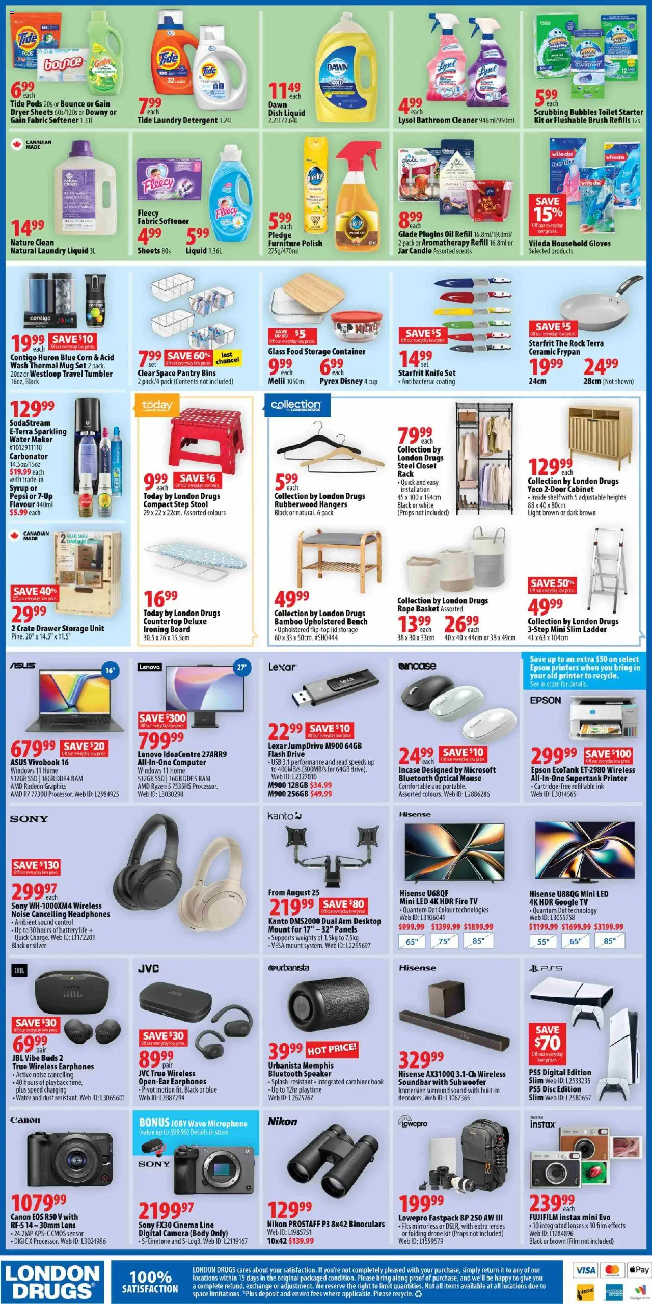 London Drugs flyer valid from 22.08.2025 | Page: 4 | Products: Tv, Speaker, Basket, Oil