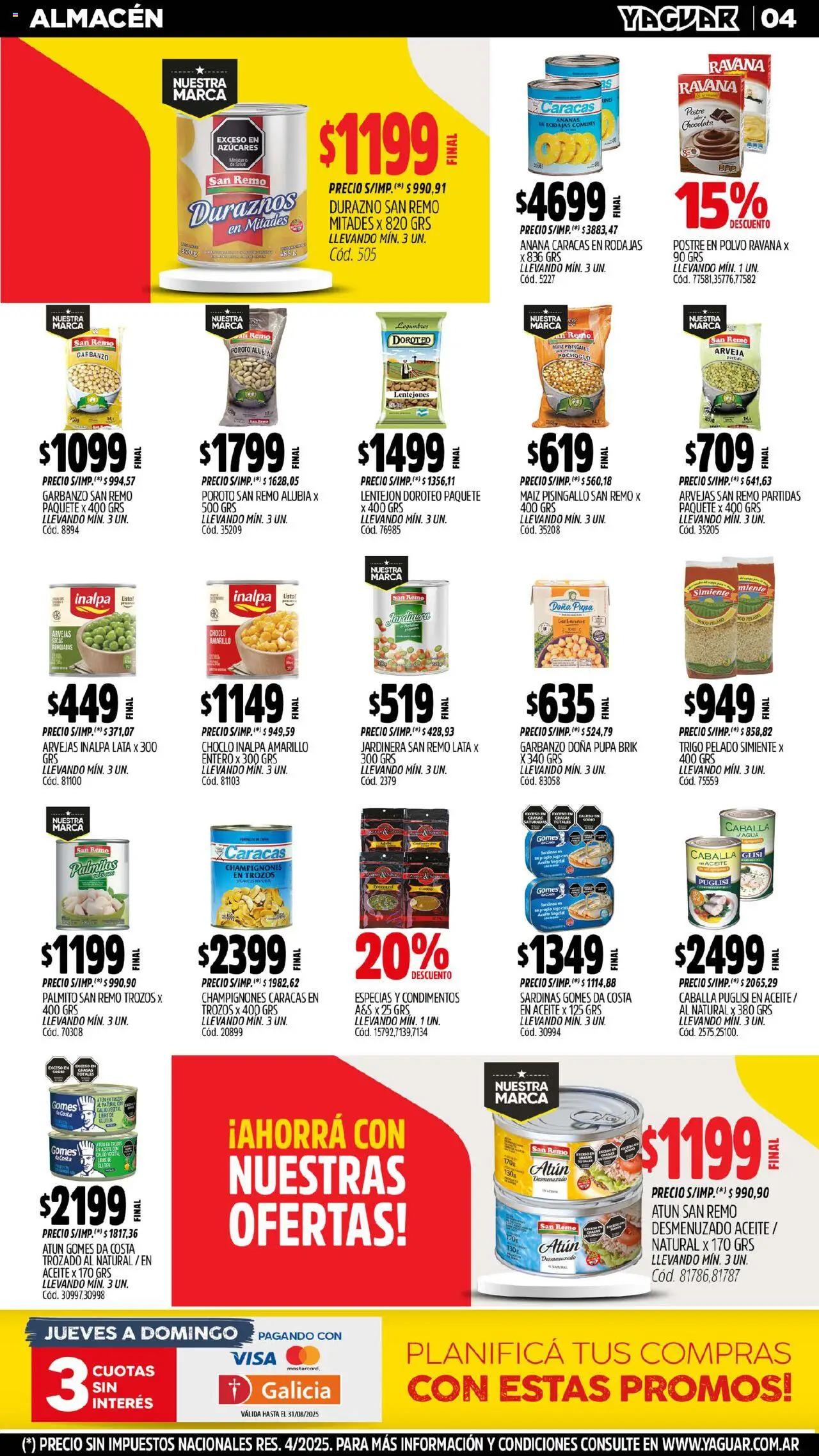 Yaguar - General Roca │ válido desde el 18.08.2025 | Página: 4 | Productos: Choclo, Aceite, Arvejas, Garbanzos