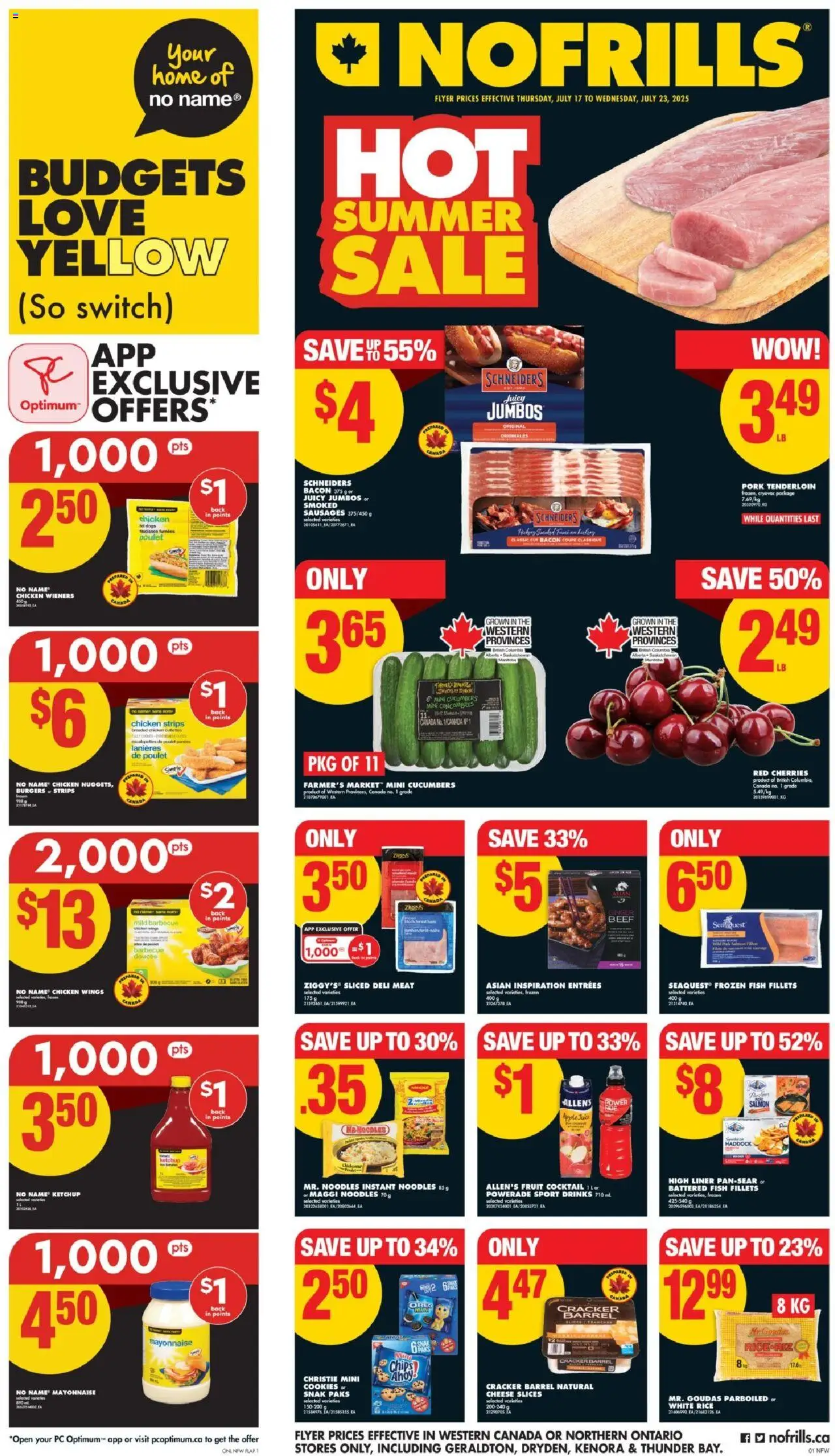 No Frills flyer valid from 17.07.2025 | Page: 1 | Products: Cookies, Cucumbers, Ham, Juice