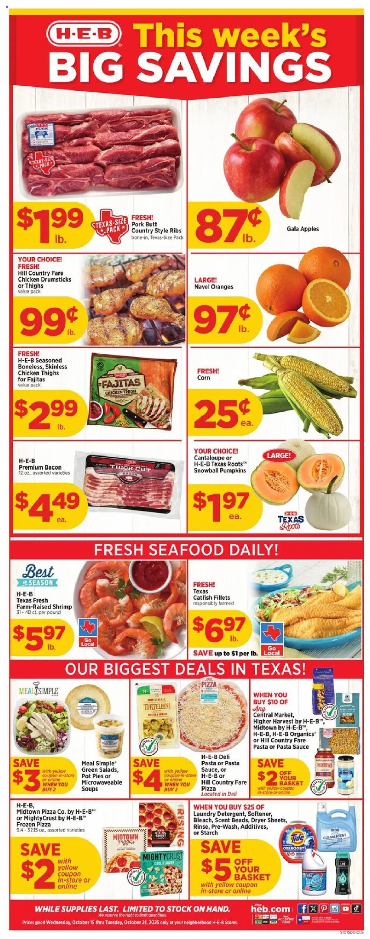 H-E-B Weekly Ad - valid from 15.10.2025 | Page: 1 | Products: Corn, Pizza, Sauce, Seafood