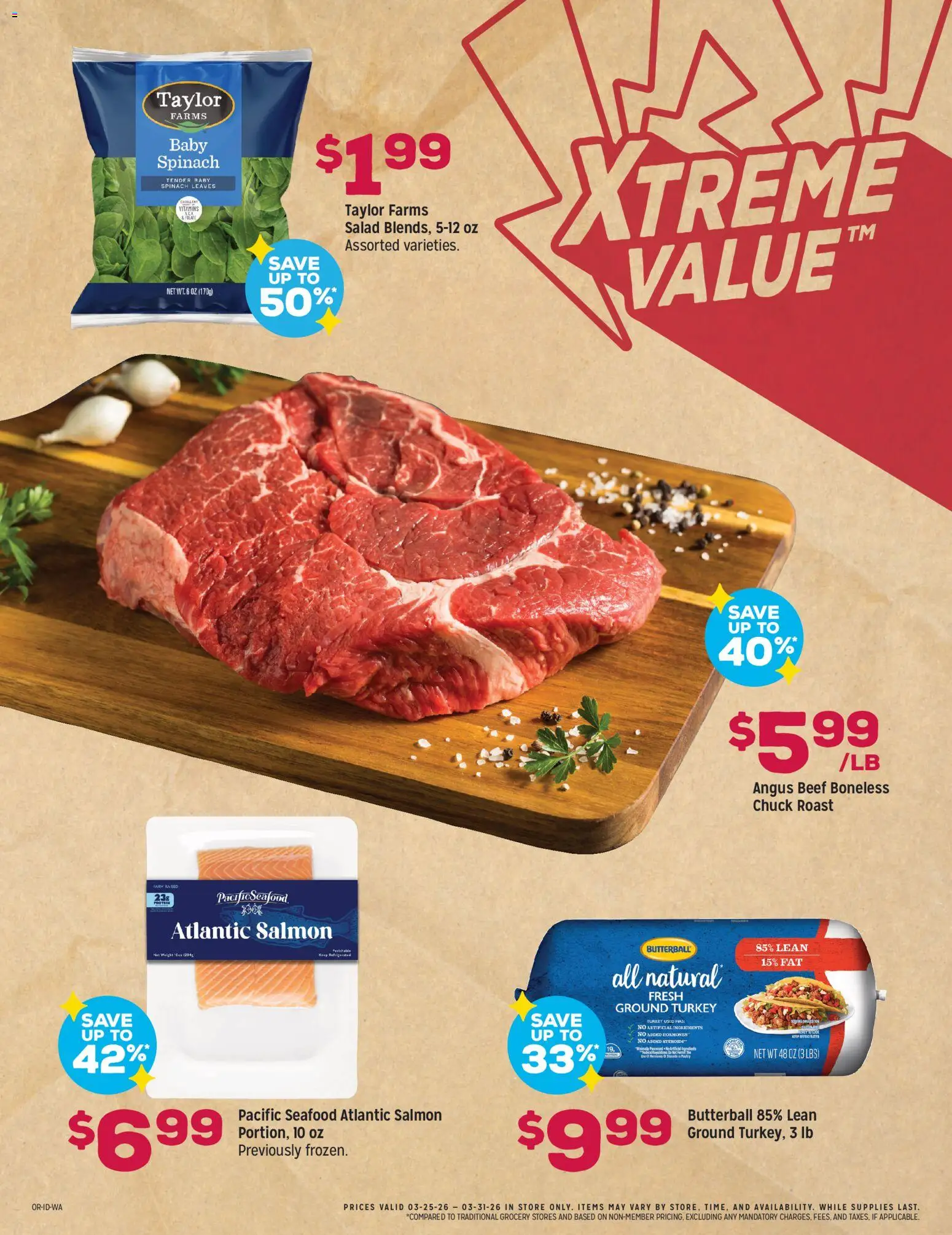 Grocery Outlet Weekly Ad - valid from 25.03.2026 | Page: 4 | Products: Spinach, Beef, Salad, Seafood