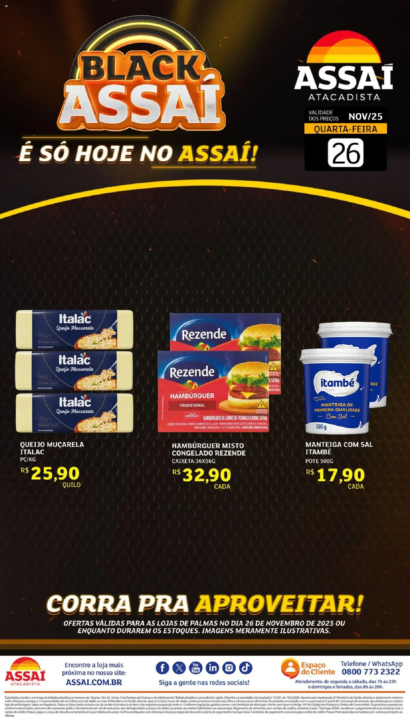 Assaí Atacadista Folheto - válido de 26.11.2025 | Página: 1 | Produtos: Manteiga, Queijo, Carne de frango, Mussarela