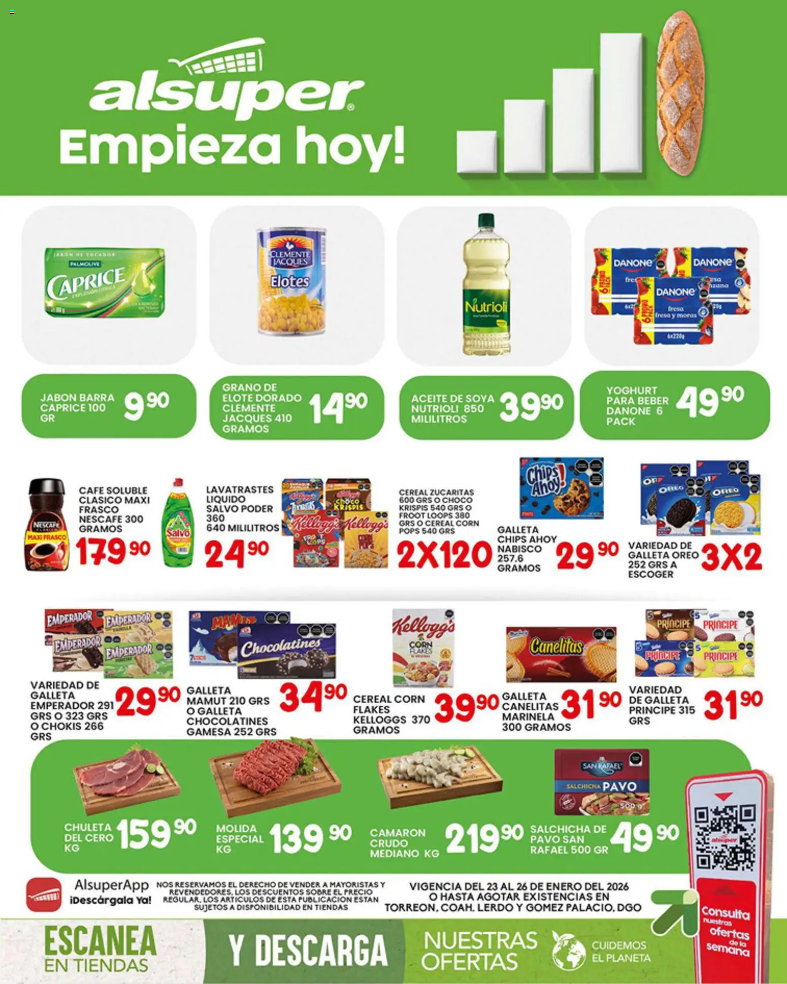 Nuevas ofertas de Alsuper válidas en toda la República Mexicana desde el 23.01.2026. ¡Encuentra las mejores ofertas en Alsuper folleto Laguna! | Página: 1 | Productos: Salchicha, Aceite, Café, Jabón