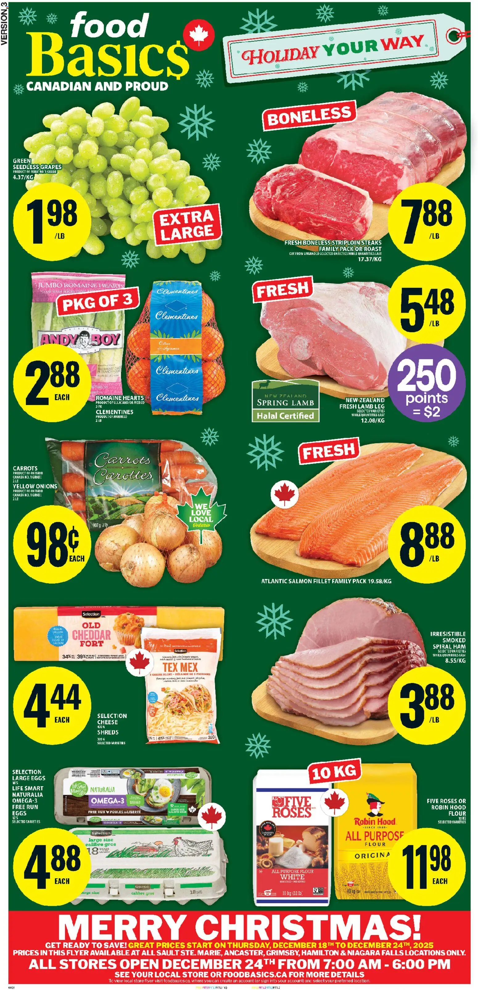 Food Basics flyer valid from 18.12.2025 | Page: 1 | Products: Cheese, Eggs, Ham