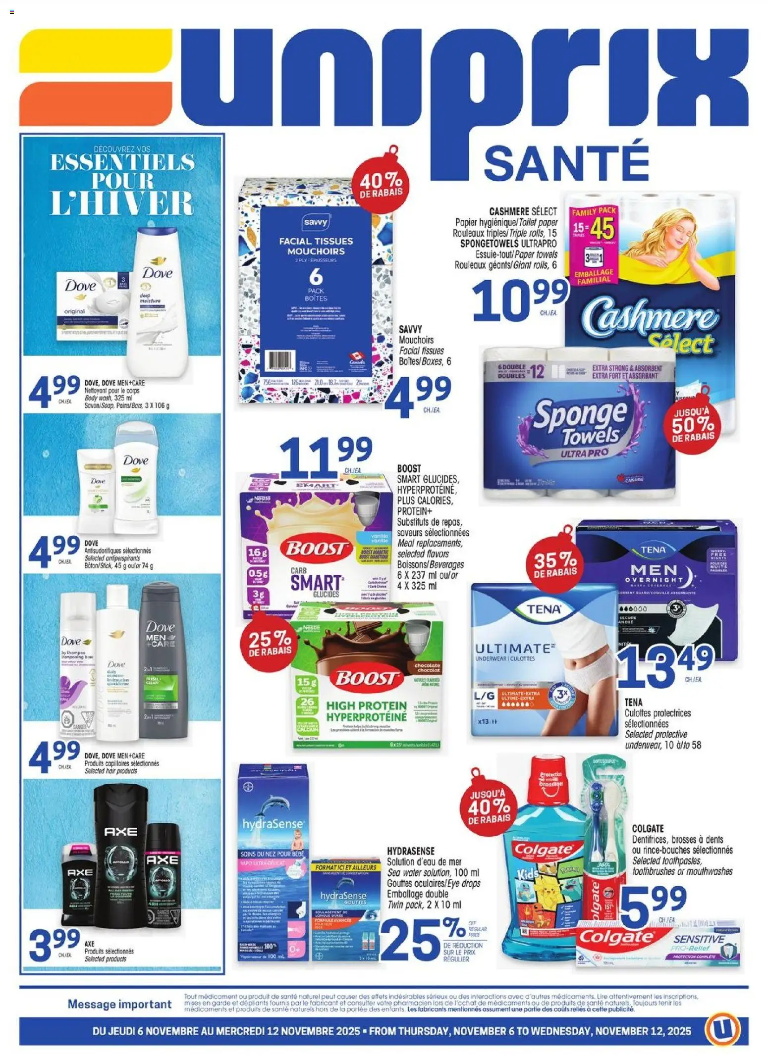 Uniprix flyer valid from 06.11.2025 | Page: 1 | Products: Sponge, Shampoo, Chocolate, Underwear
