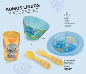 Vista previa de B. Vajilla redonda Stitch Plástico. (197151) 12 pts, 5-piece round tableware set with Stitch design, made of plastic. Includes: 1 glass, 1 bowl, 1 extended plate, 1 spoon, and 1 fork., nuevo folleto de la tienda, válido en México a partir del 02.04.2026 | Página: 169